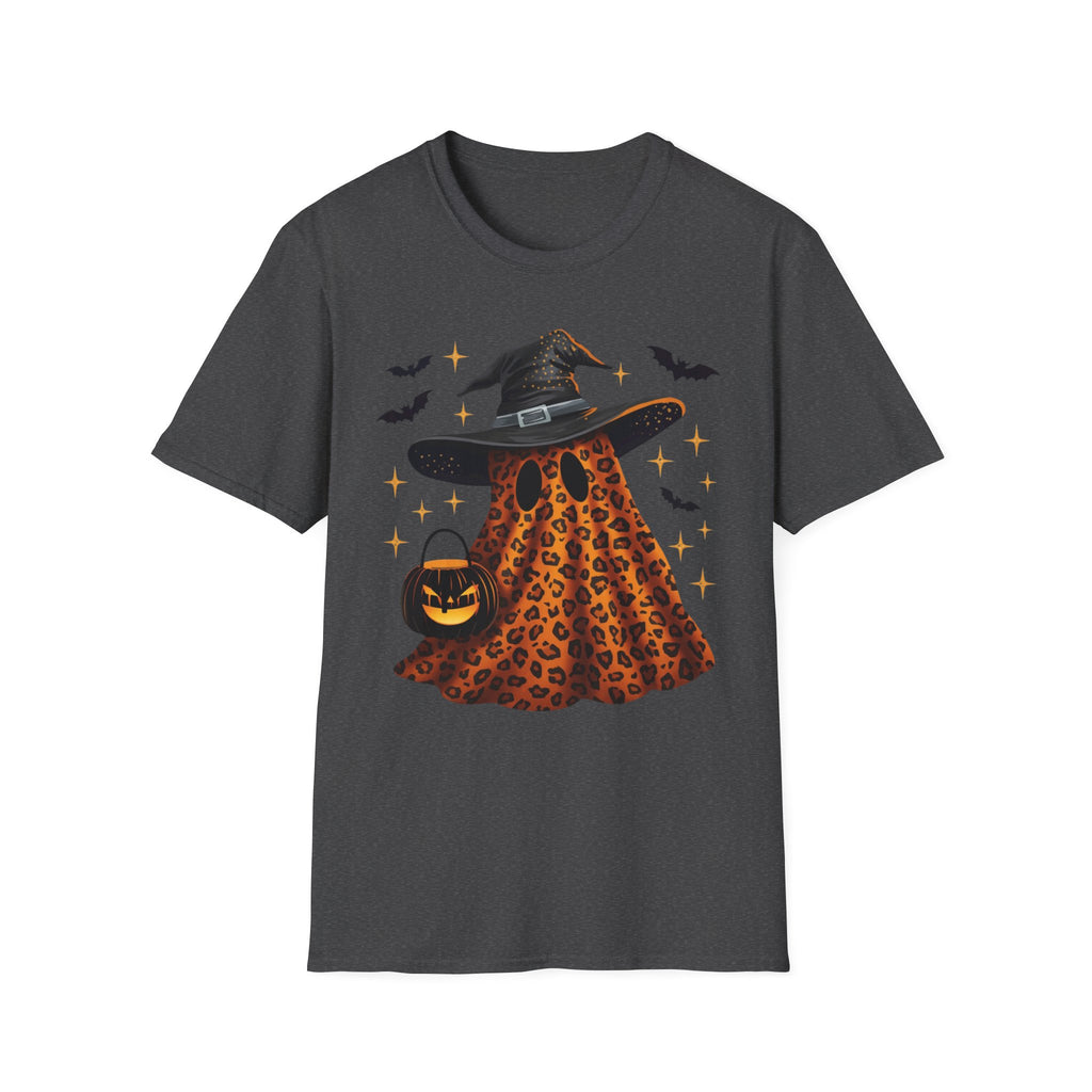 Halloween Leopard Ghost T-Shirt — Witch Hat & Bats Graphic