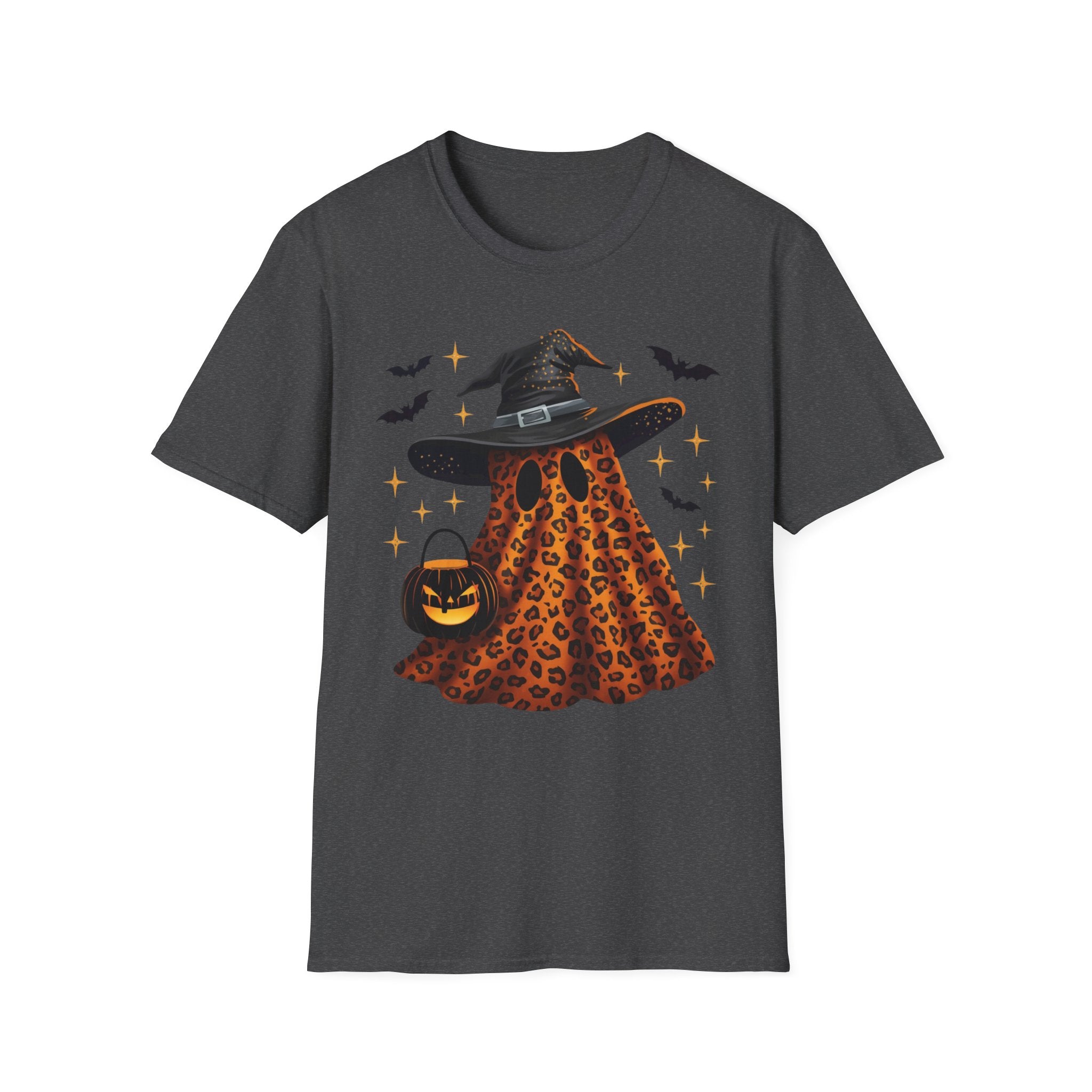 Halloween Leopard Ghost T-Shirt — Witch Hat & Bats Graphic