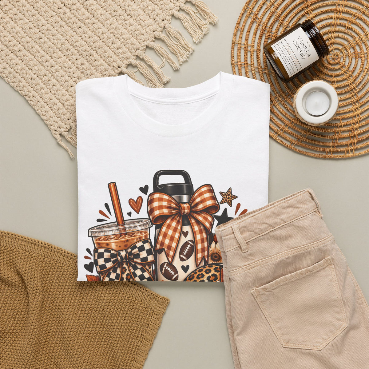 Fall Cozy Coffee T-Shirt — Pumpkin Spice, Plaid Bows & Floral Autumn Graphic Tee