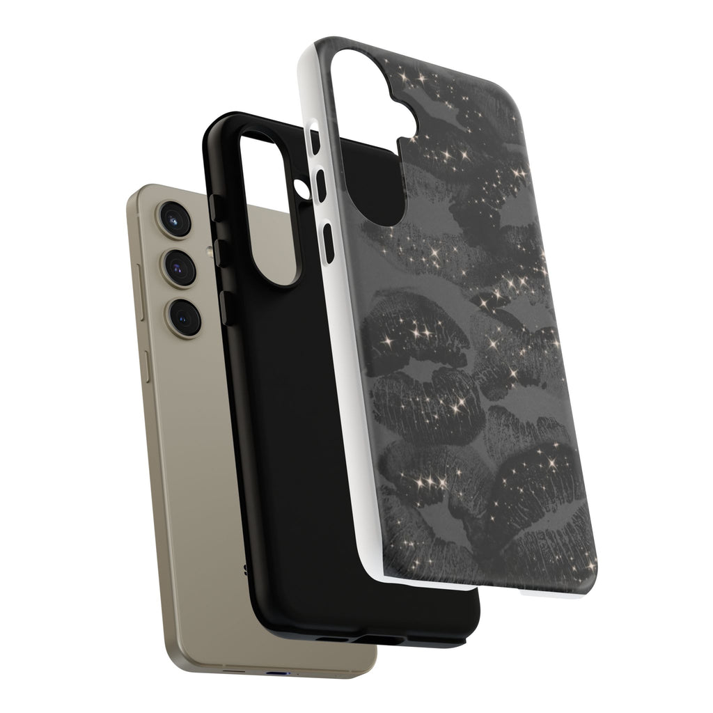 Black Glitter Kiss Phone Case — Sparkling Lip Print Protective Cover