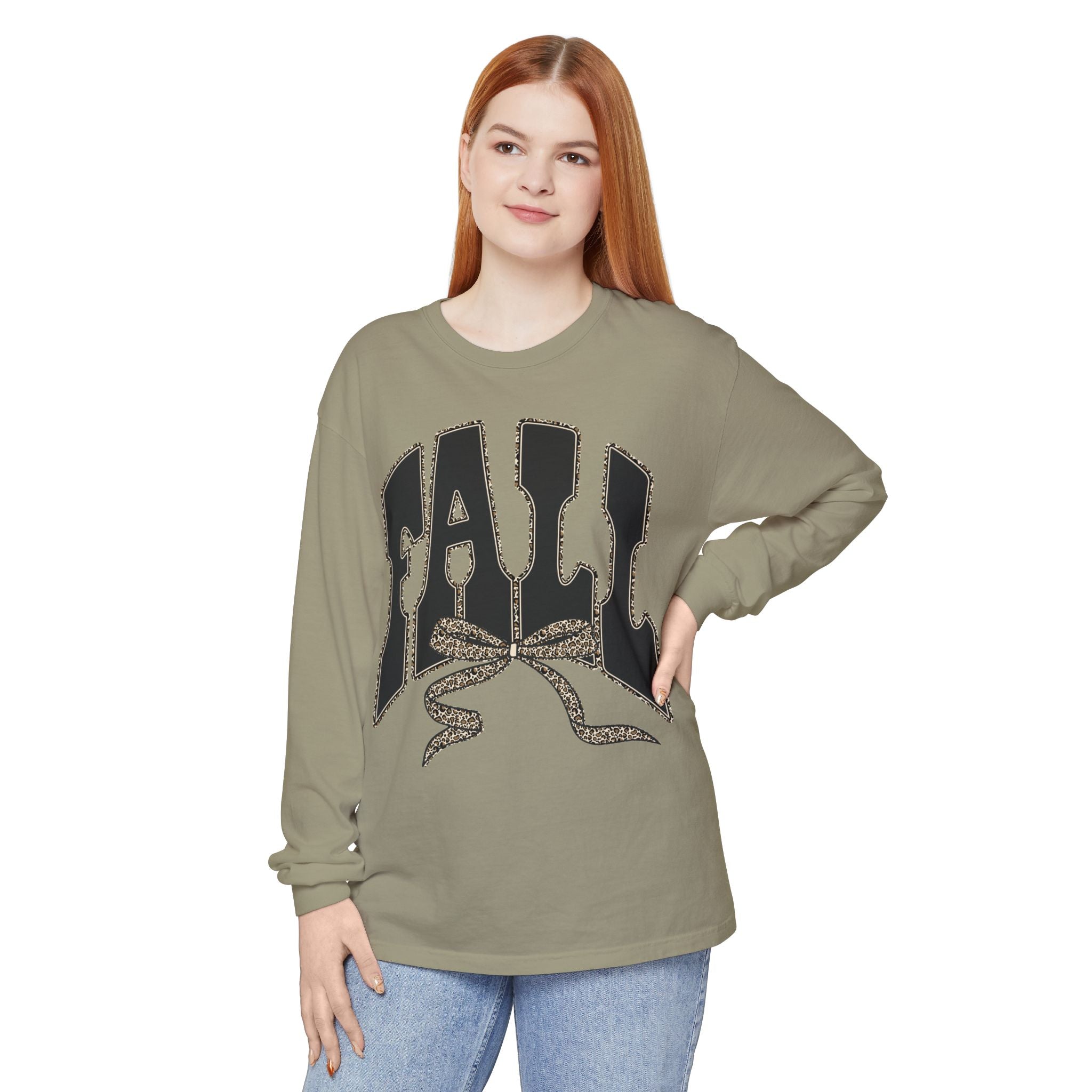 Fall Bow Long Sleeve Tee — 'FALL' Graphic Garment-Dyed Shirt