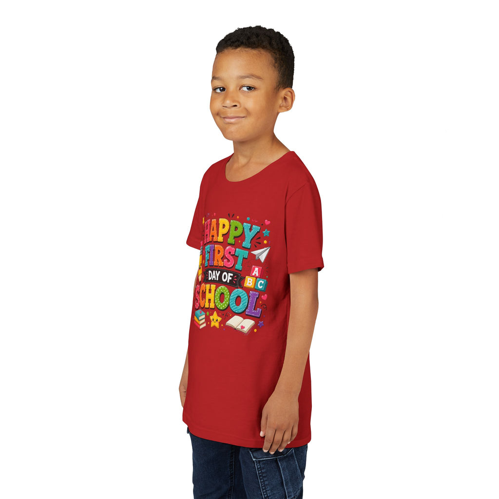Youth Tee — "Happy First Day of School" Back-to-School Graphic Shirt