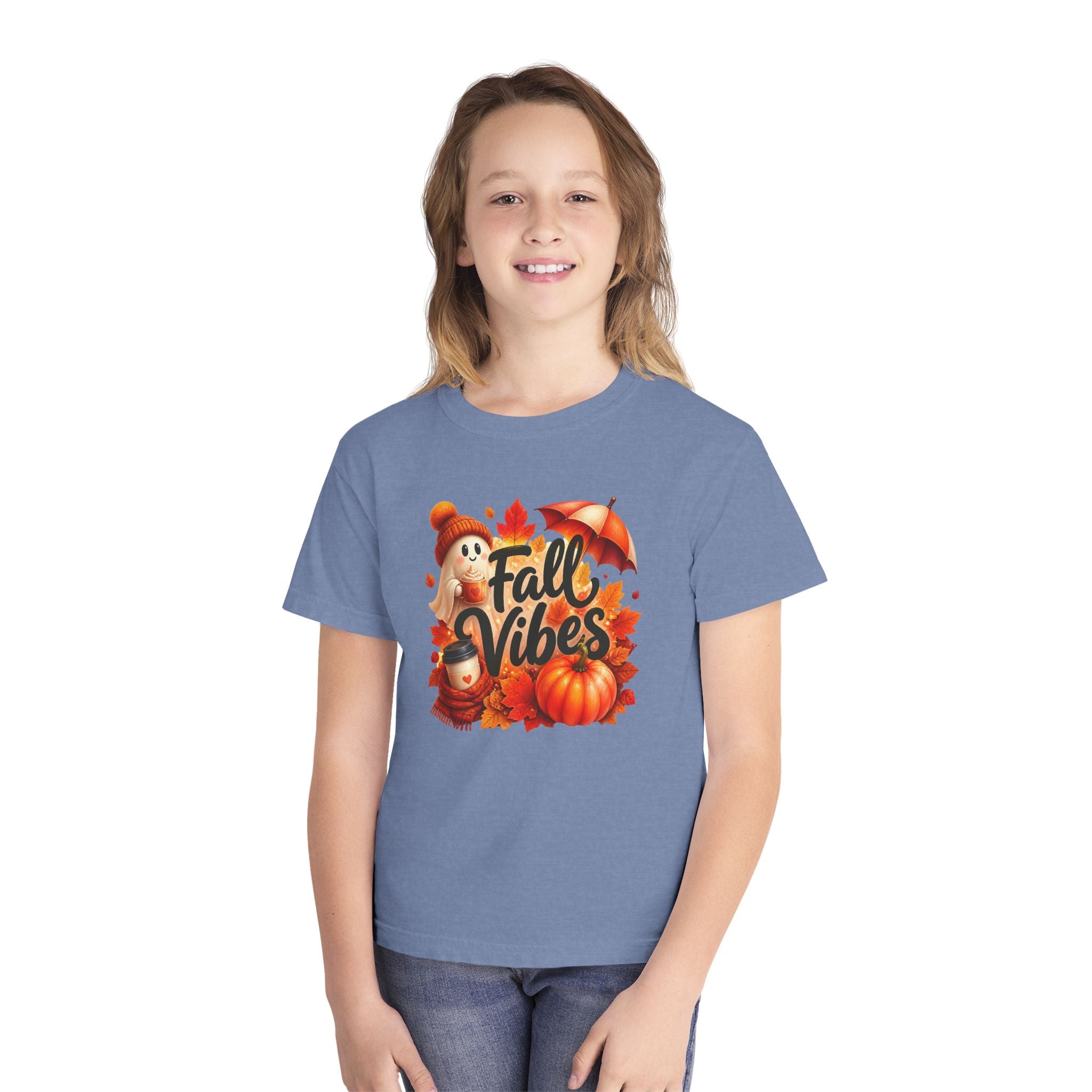 Fall Vibes Youth Tee — Cute Pumpkin, Leaves & Scarecrow Autumn Shirt