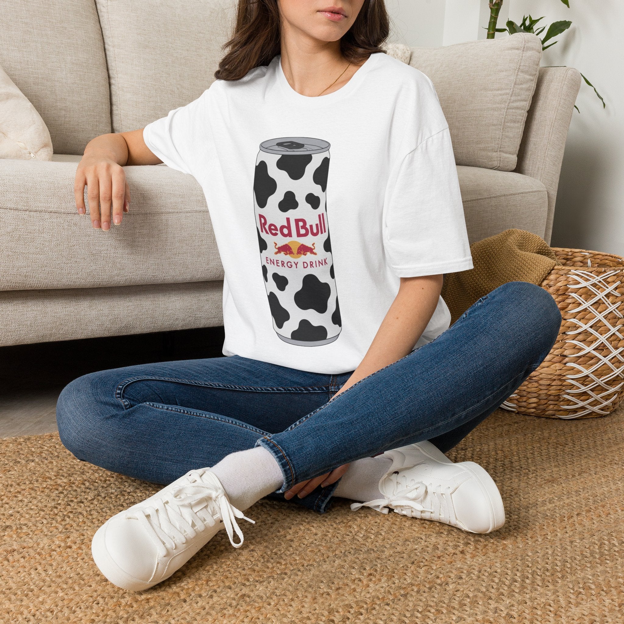 Red Bull Cow Print T-Shirt — Funny Energy Drink Graphic Tee