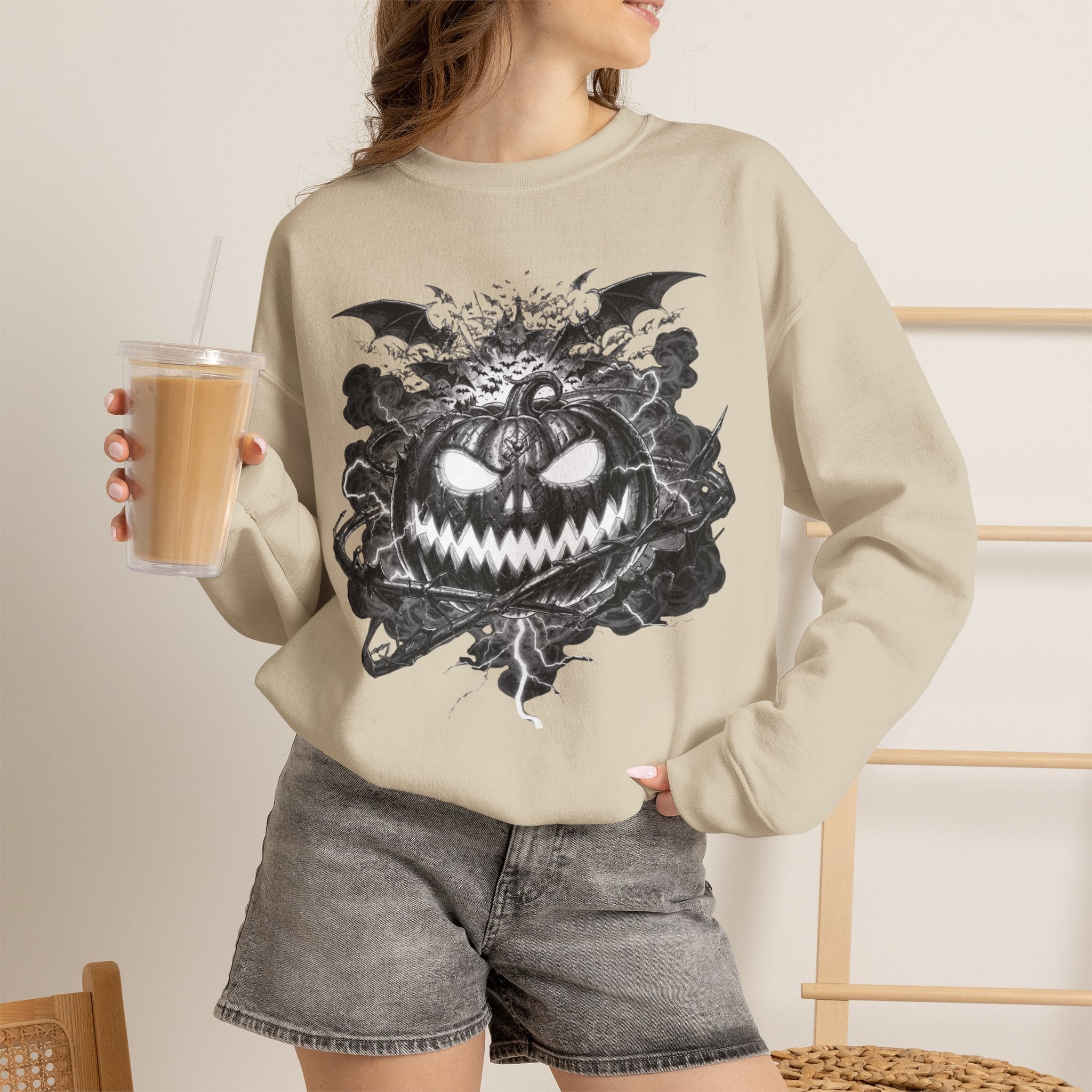Halloween Pumpkin Crewneck Sweatshirt — Spooky Jack-o'-Lantern Graphic