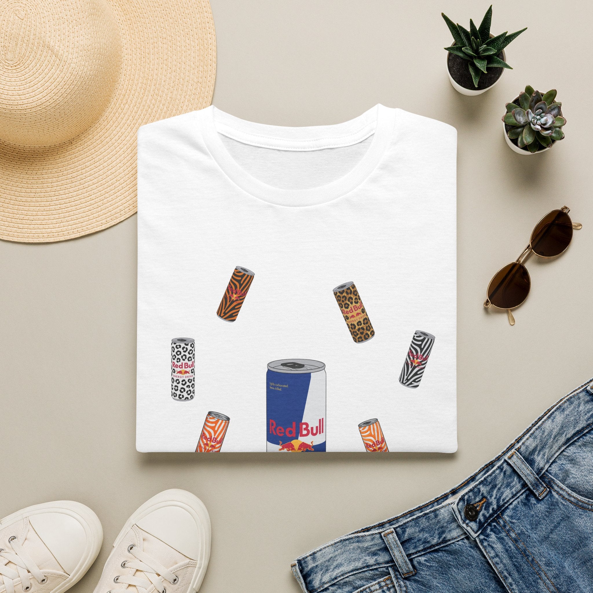 Energy Drink & Lip Balm Graphic T-Shirt — Playful Red Bull Design