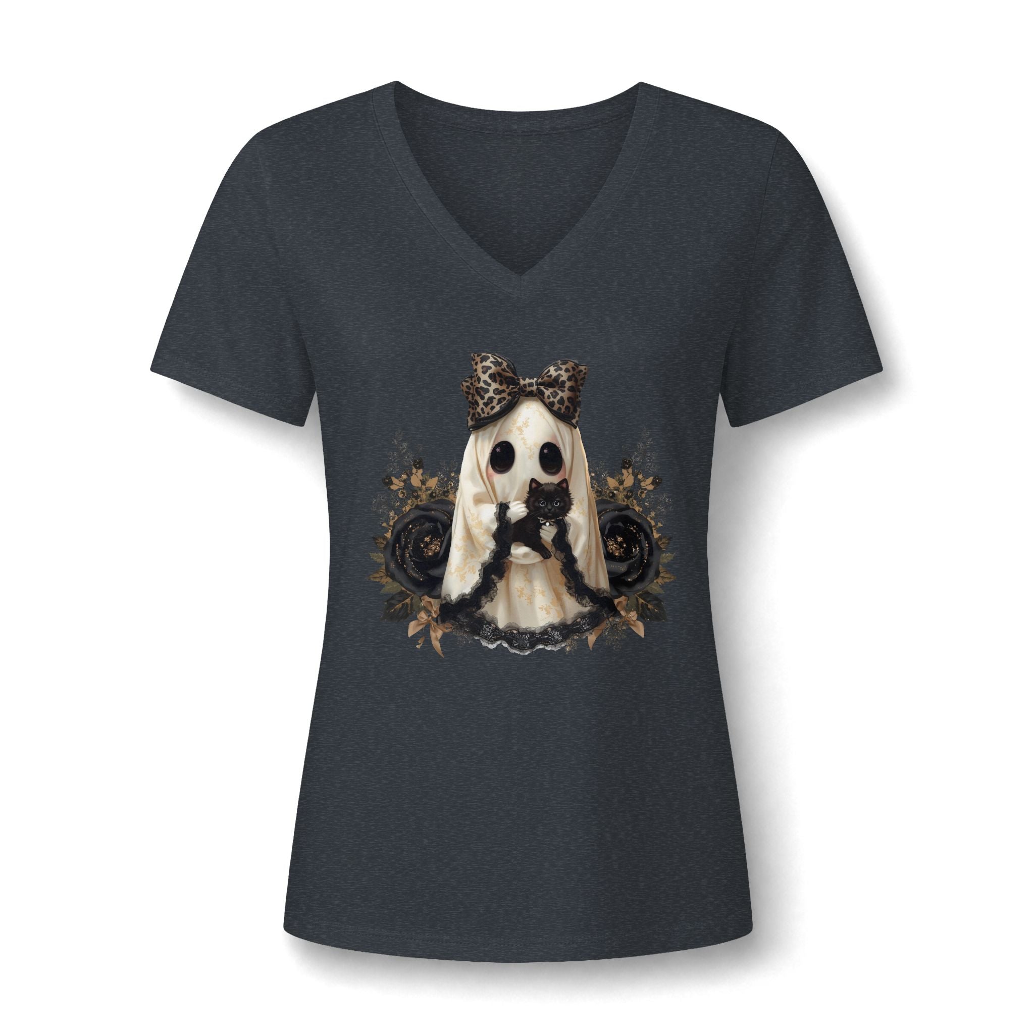 Women's V-Neck Tee — Gothic Doll with Leopard Bow Graphic