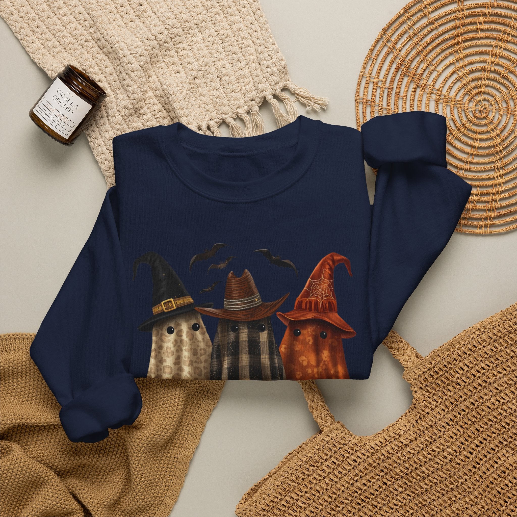 Halloween Witch Ghosts Crewneck Sweatshirt — Cozy Pumpkin & Bats Fall Graphic