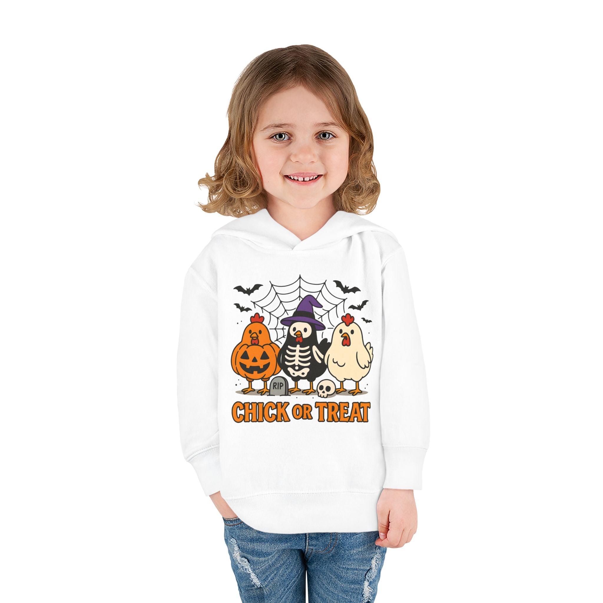 Toddler Halloween Pullover Hoodie – "Chick or Treat" Pumpkin Skeleton Chicken Kids Fleece