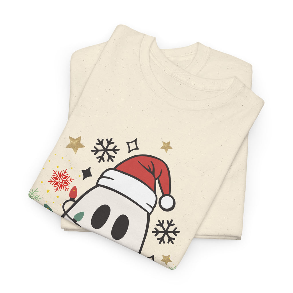 Christmas Ghost T-Shirt — Cute Haunted Holiday Tee with Santa Hat & Lights
