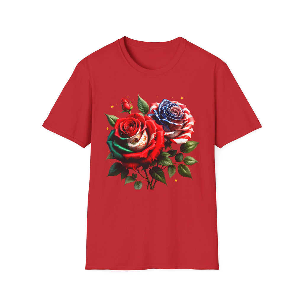 Patriotic Rose Skull T-Shirt — American Flag Blue & Red Floral Tee