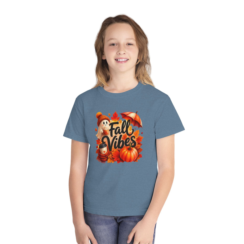 Fall Vibes Youth Tee — Cute Pumpkin, Leaves & Scarecrow Autumn Shirt