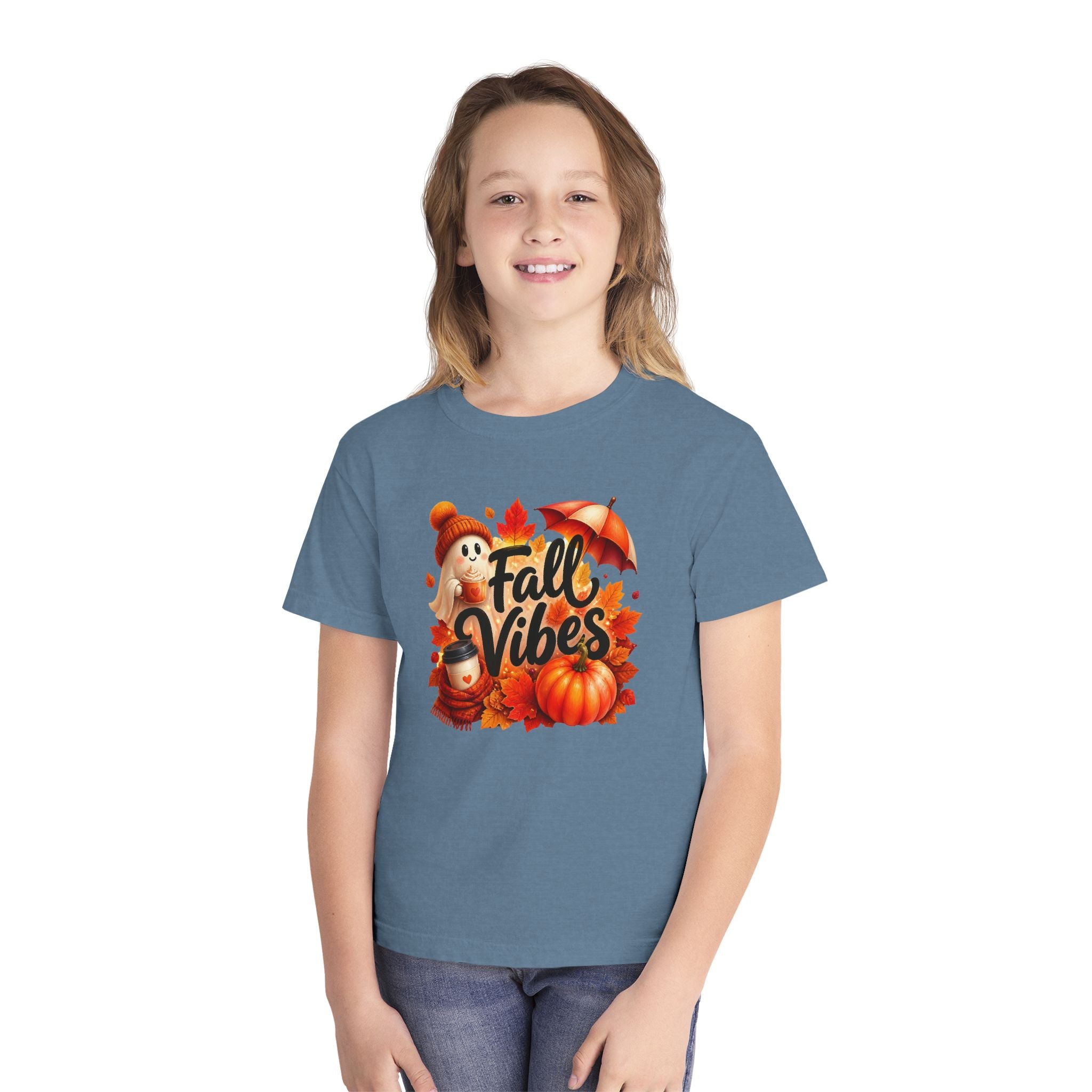 Fall Vibes Youth Tee — Cute Pumpkin, Leaves & Scarecrow Autumn Shirt