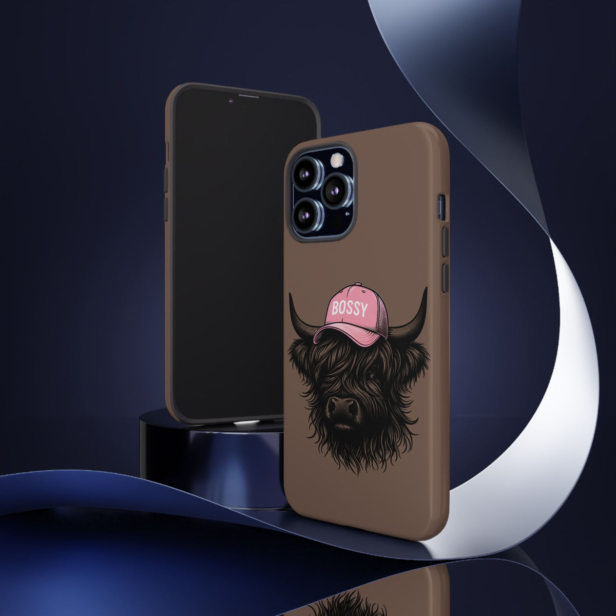 Phone Case — Highland Cow Wearing 'BOSSY' Pink Hat, Cute Farm Animal Protective Cover