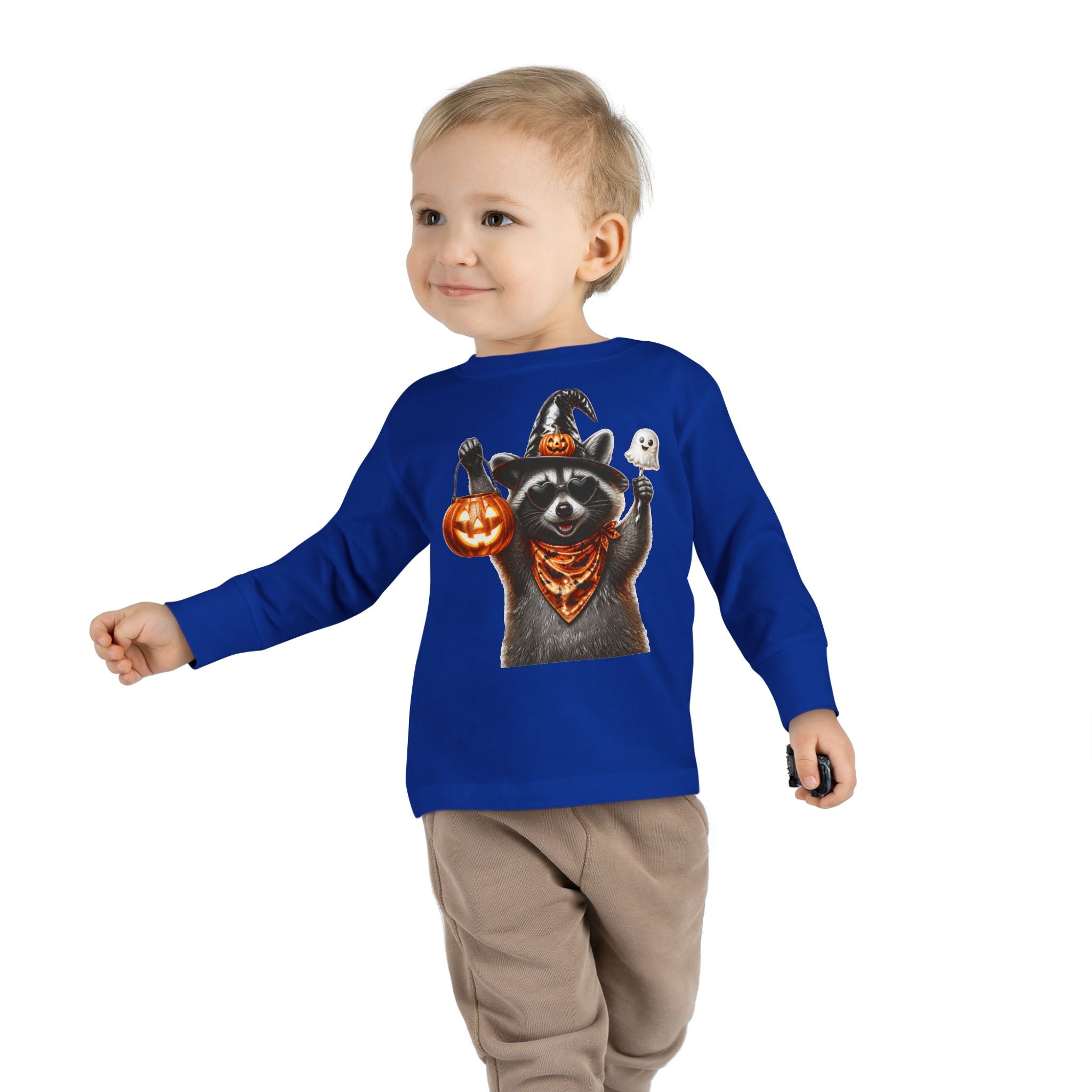 Toddler Long Sleeve Tee - Halloween Raccoon Trick-or-Treat Shirt with Witch Hat & Jack-O'-Lantern