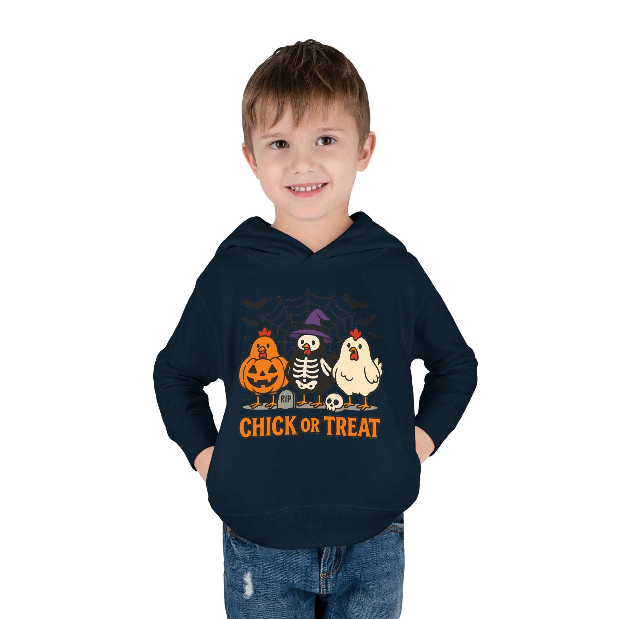 Toddler Halloween Pullover Hoodie – "Chick or Treat" Pumpkin Skeleton Chicken Kids Fleece