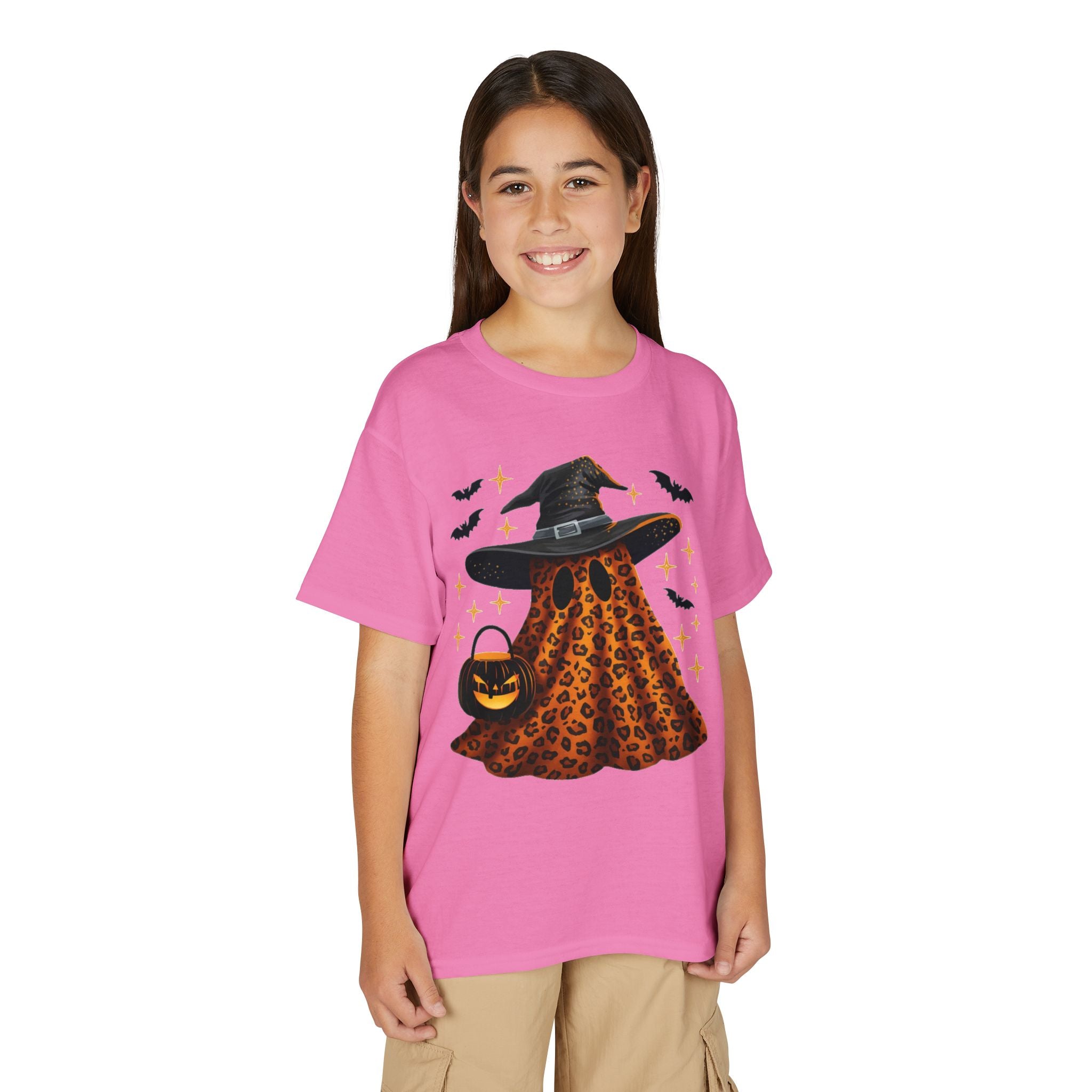 Youth T-Shirt — Leopard Witch Ghost Halloween Tee (Pumpkin Candy Bag, Bats)