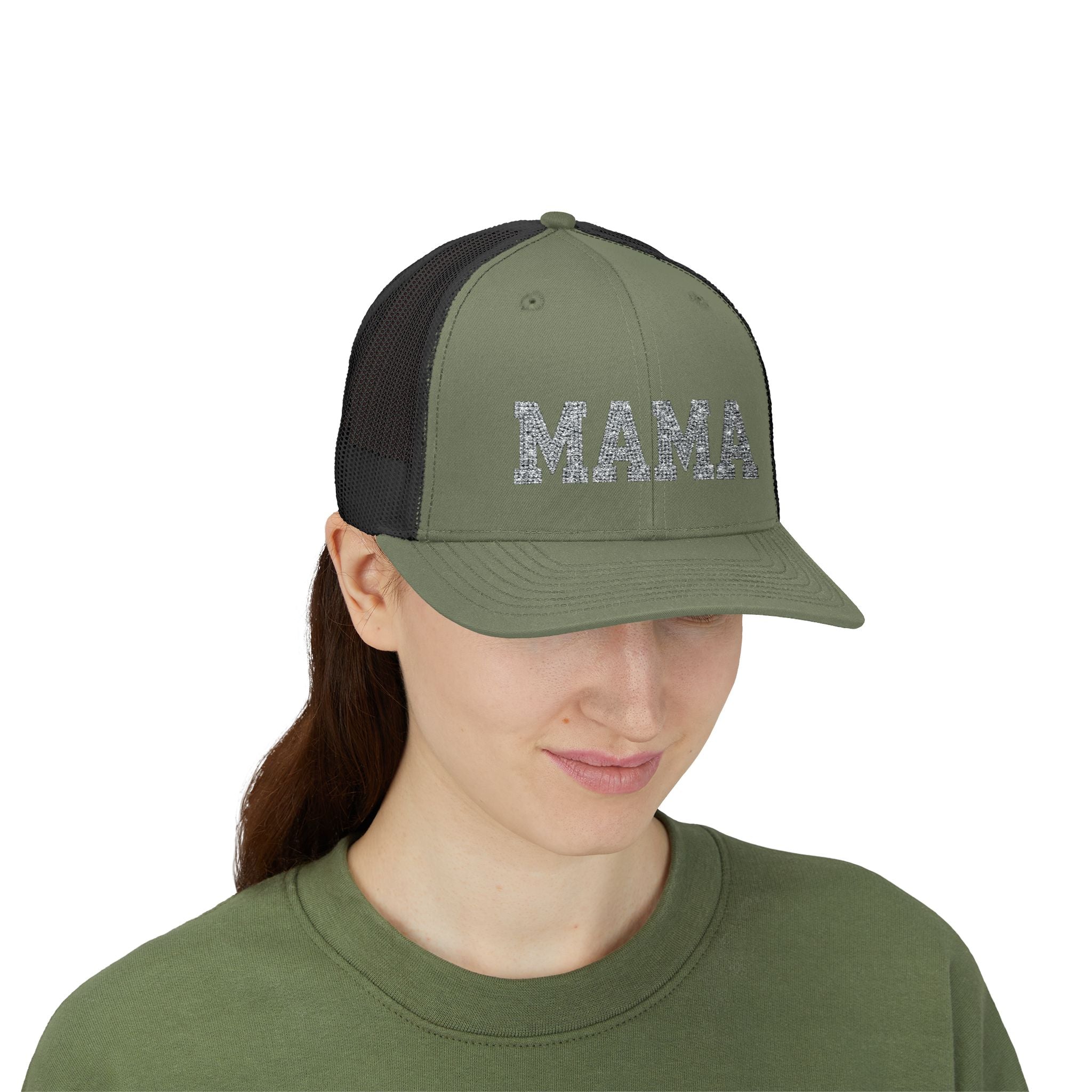 Mama Snapback Trucker Cap — Glitter Script "MAMA" Mesh Back Hat for Moms, Mother's Day Gift