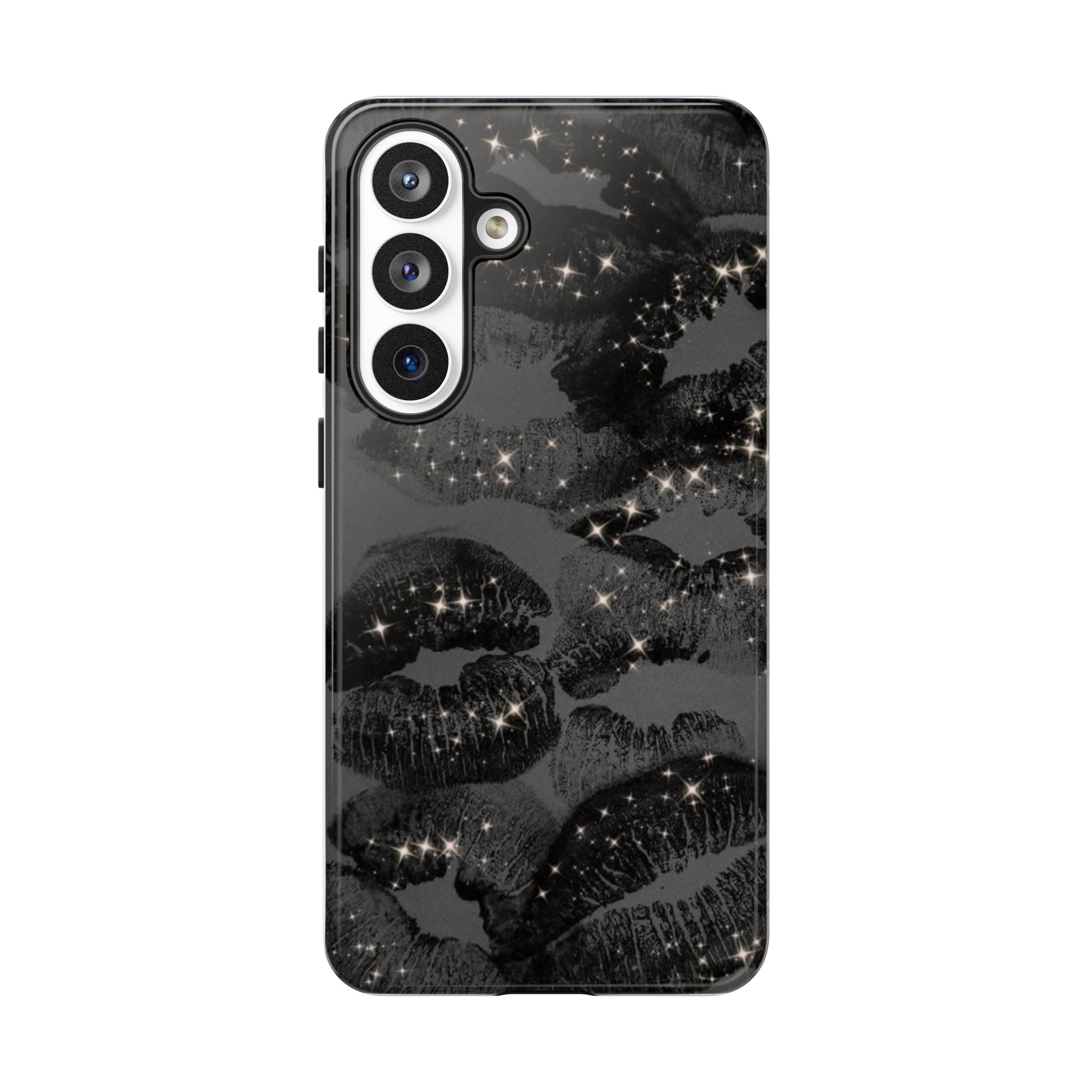 Black Glitter Kiss Phone Case — Sparkling Lip Print Protective Cover
