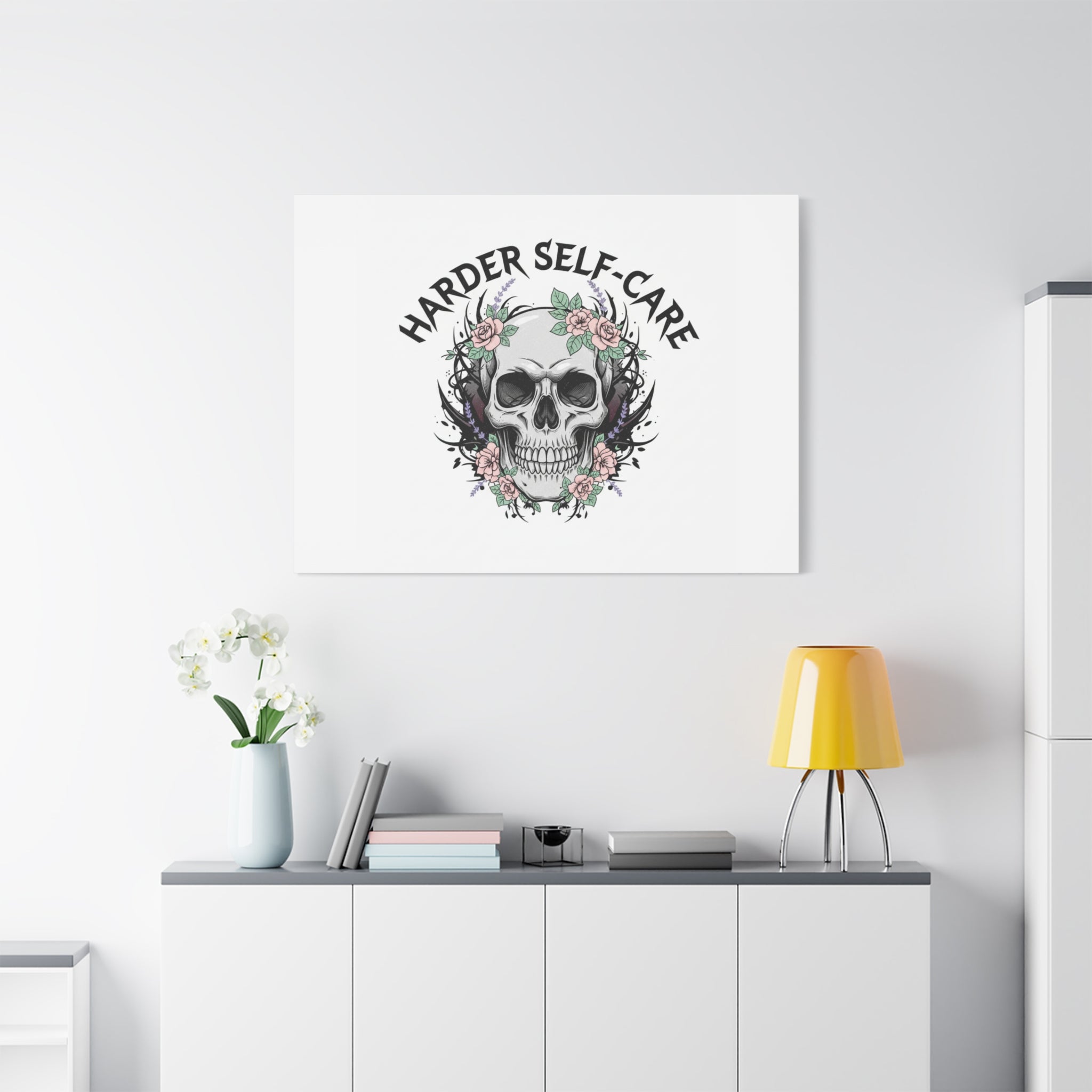 Harder Self-Care Skull Canvas | Heavy Metal Wellness, gothic wellness quote