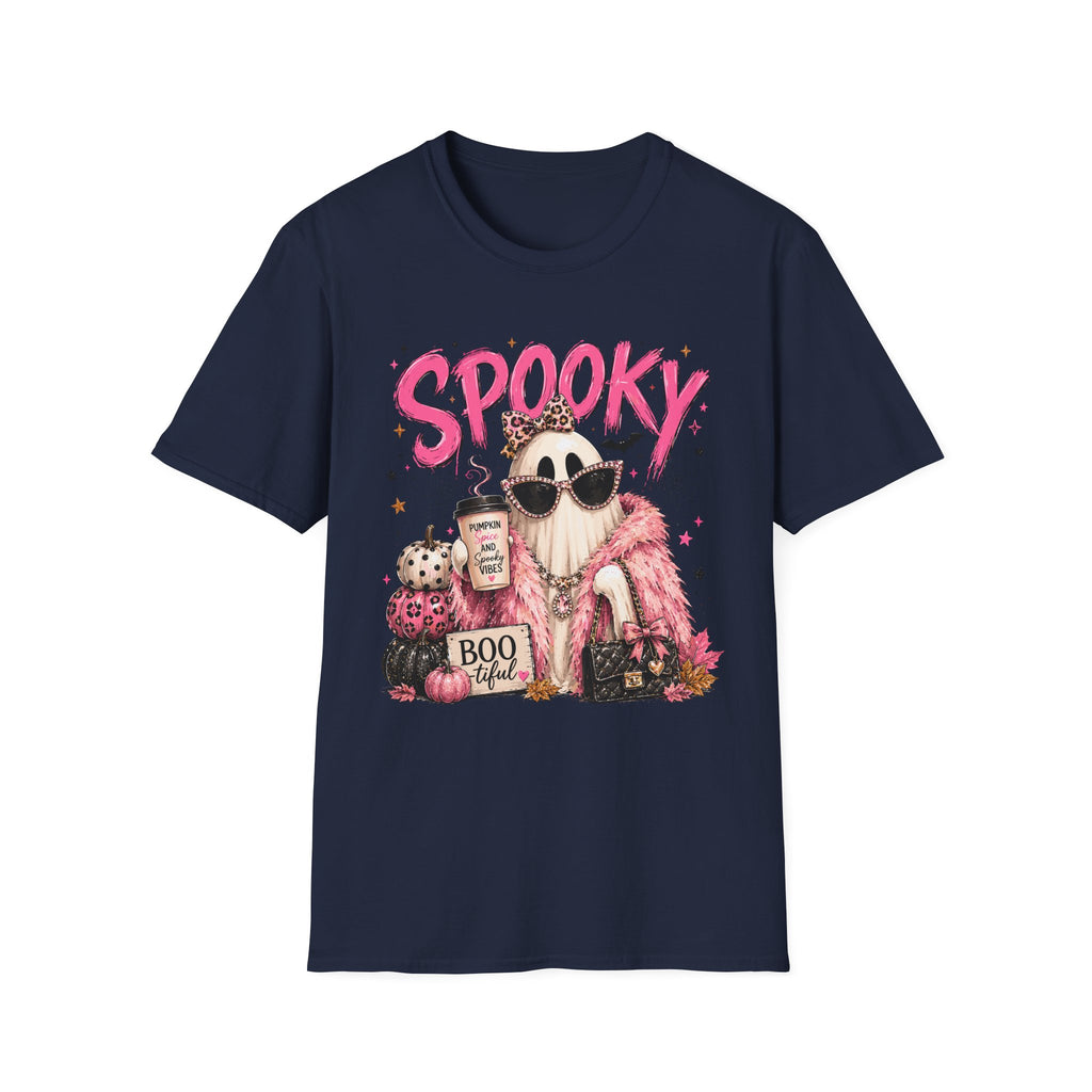 Spooky Glam T-Shirt — Cute Pink Ghost with Sunglasses & Pumpkin Latte