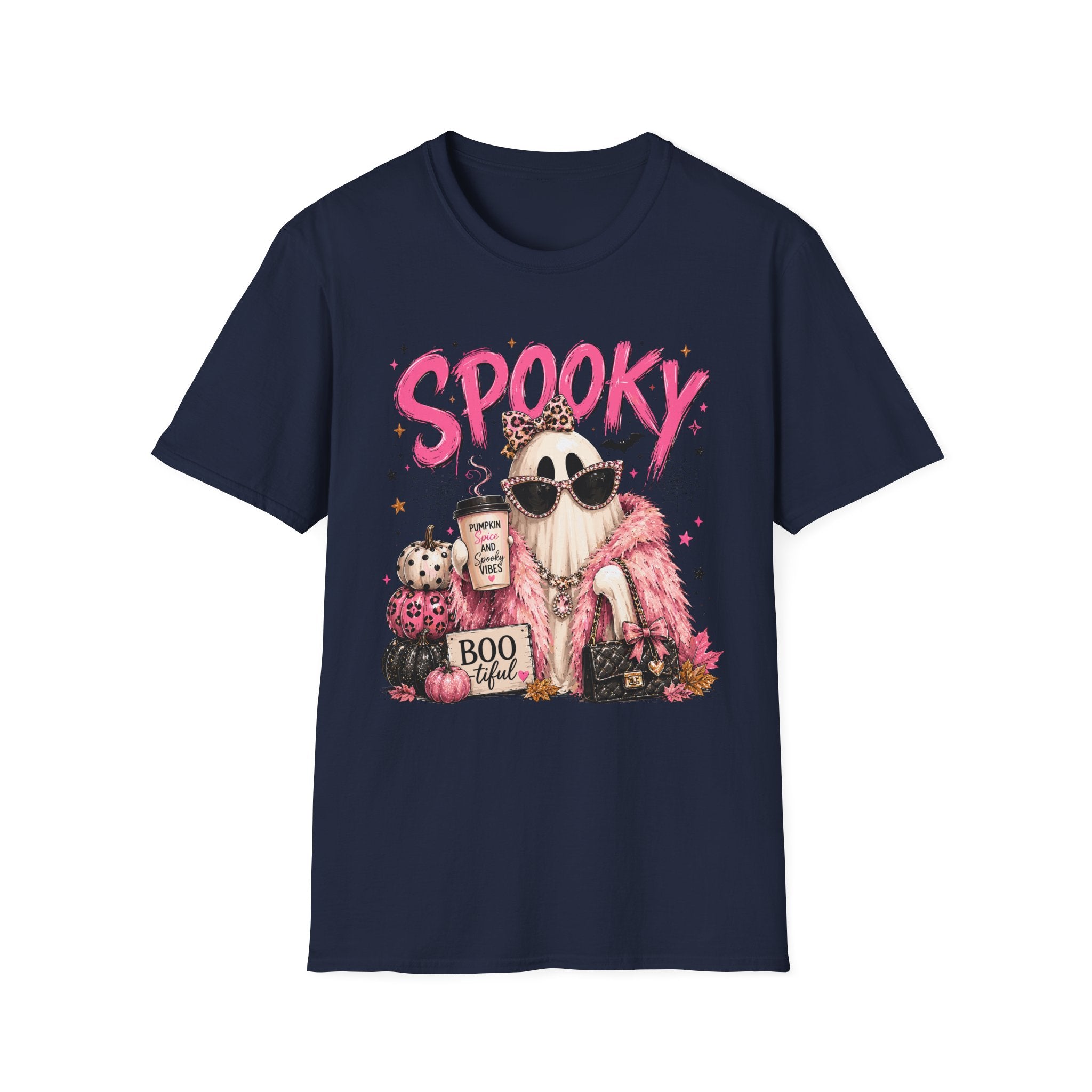 Spooky Glam T-Shirt — Cute Pink Ghost with Sunglasses & Pumpkin Latte