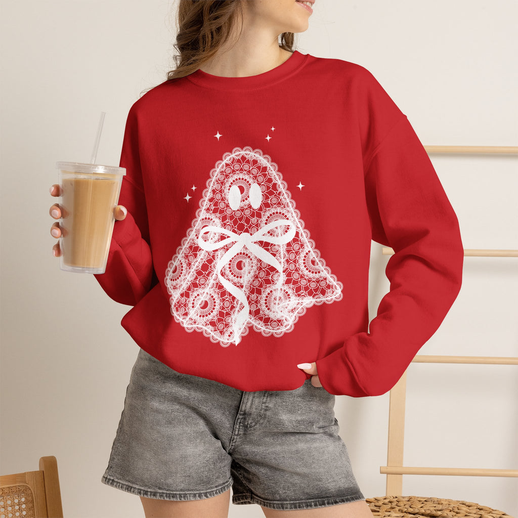 Crewneck Sweatshirt — Lace Ghost Illustration Cozy Halloween Pullover