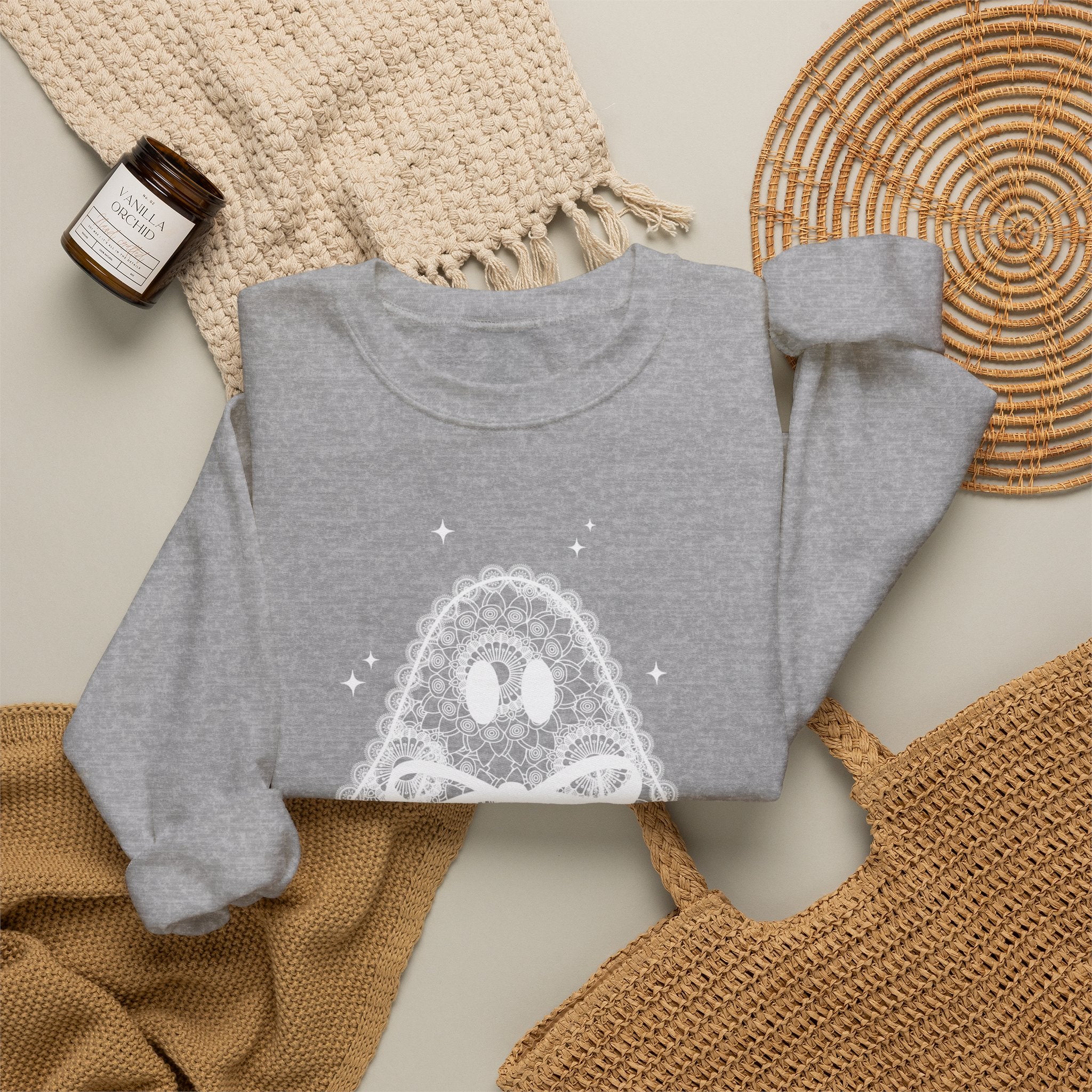 Crewneck Sweatshirt — Lace Ghost Illustration Cozy Halloween Pullover