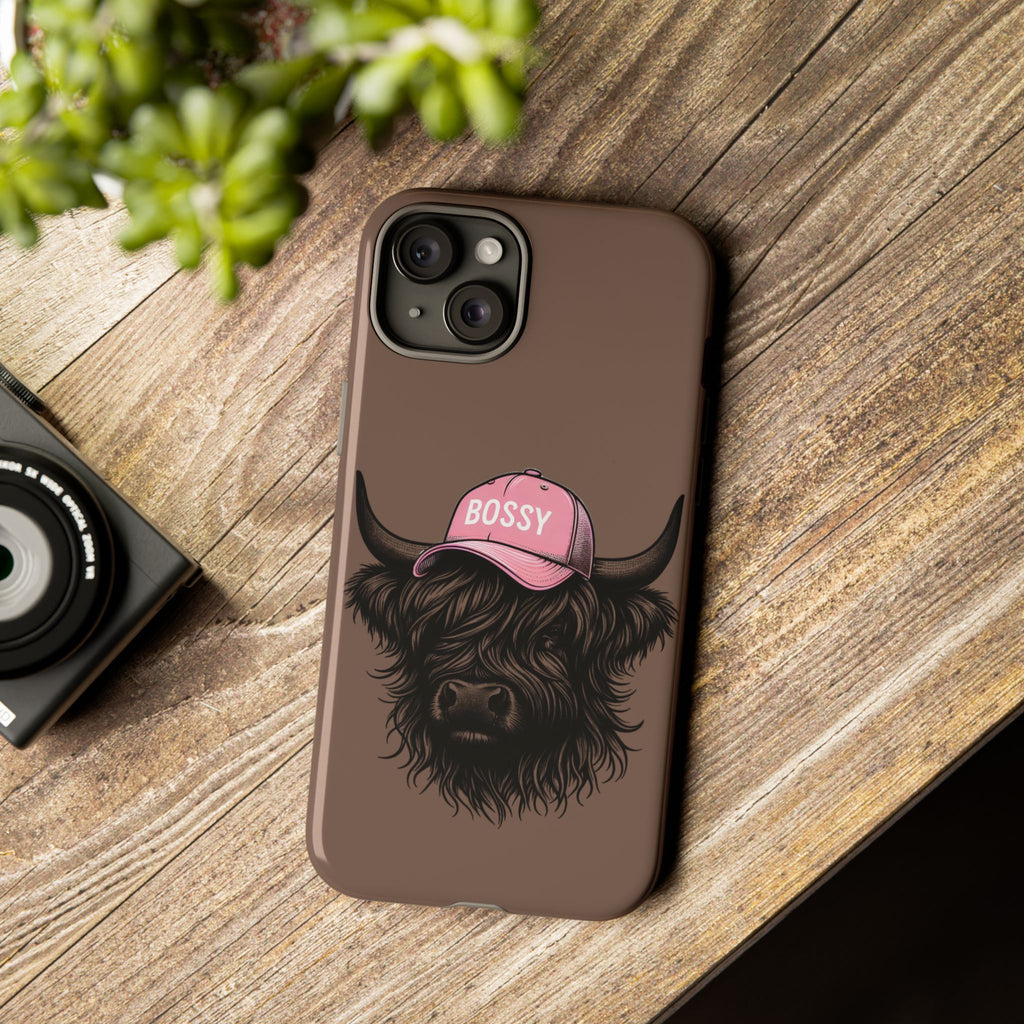 Phone Case — Highland Cow Wearing 'BOSSY' Pink Hat, Cute Farm Animal Protective Cover