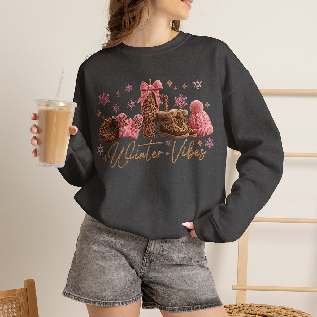 Crewneck Sweatshirt — 'Winter Vibes' Cozy Leopard Print Holiday Design