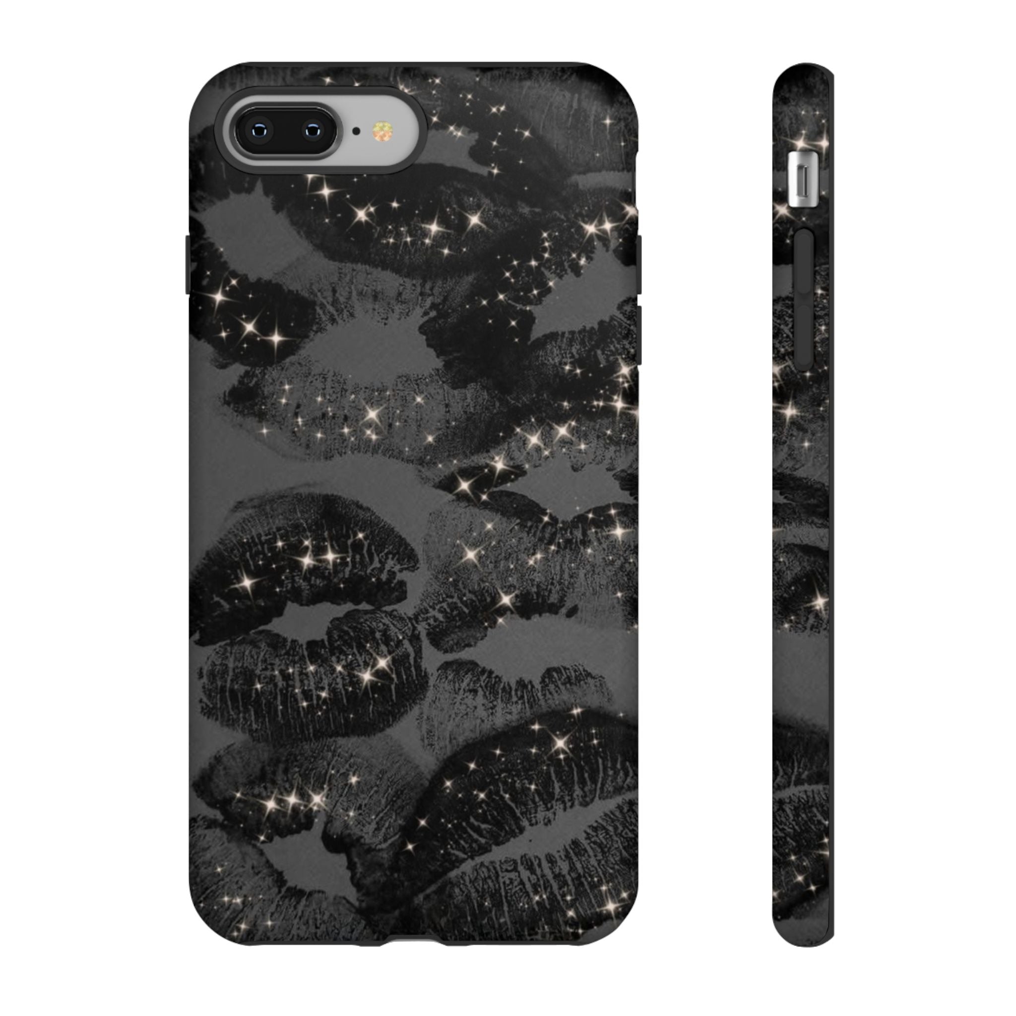 Black Glitter Kiss Phone Case — Sparkling Lip Print Protective Cover