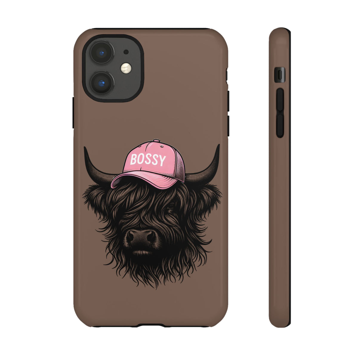 Phone Case — Highland Cow Wearing 'BOSSY' Pink Hat, Cute Farm Animal Protective Cover