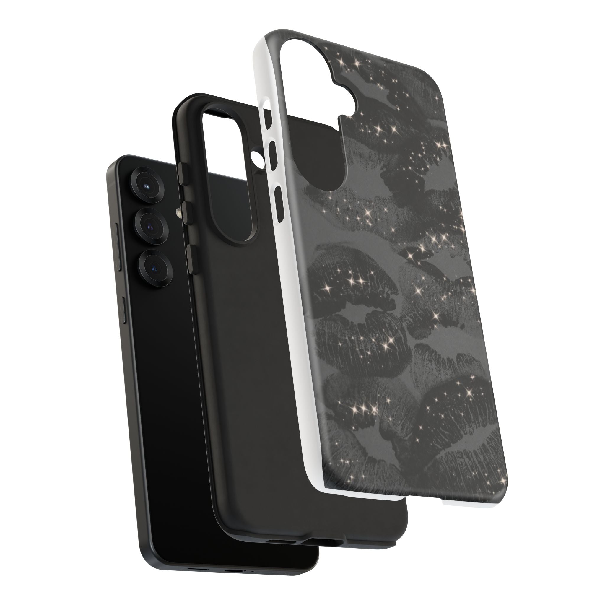Black Glitter Kiss Phone Case — Sparkling Lip Print Protective Cover