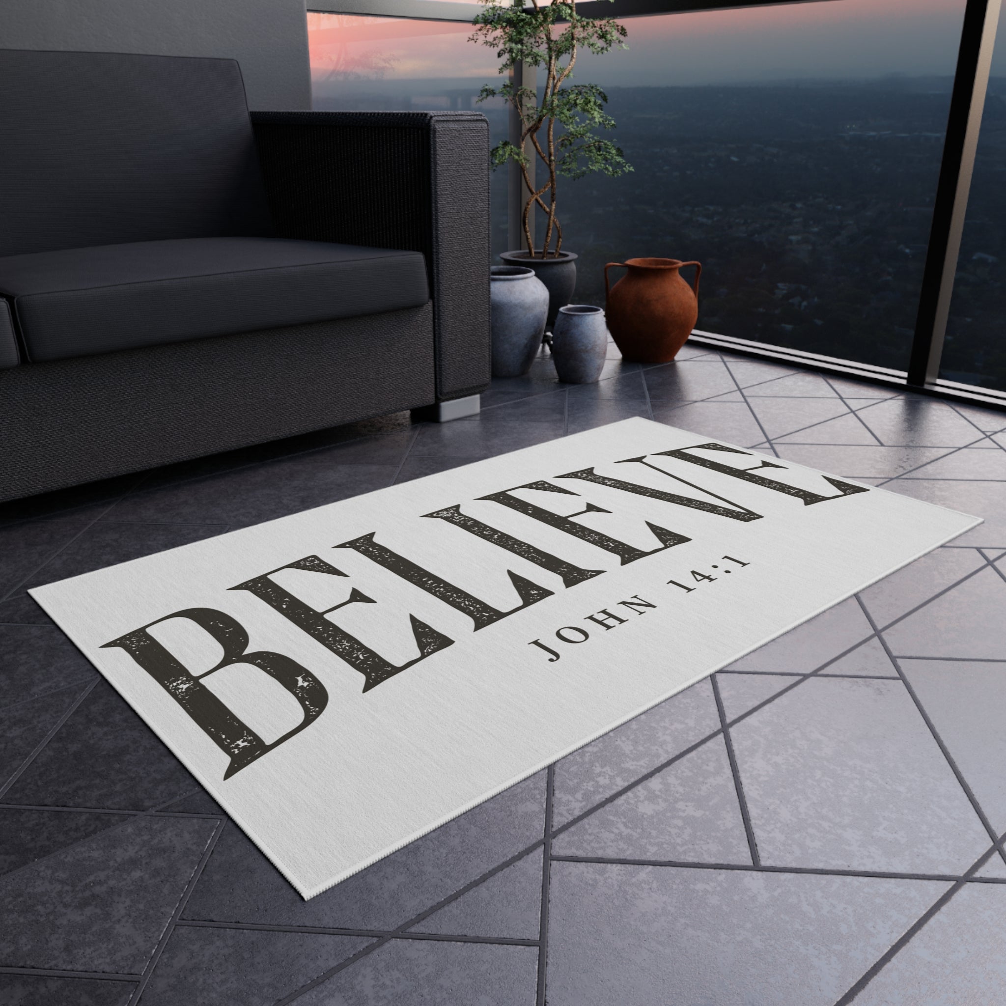 Believe Outdoor Rug — "Believe" John 14:1 Scripture Doormat