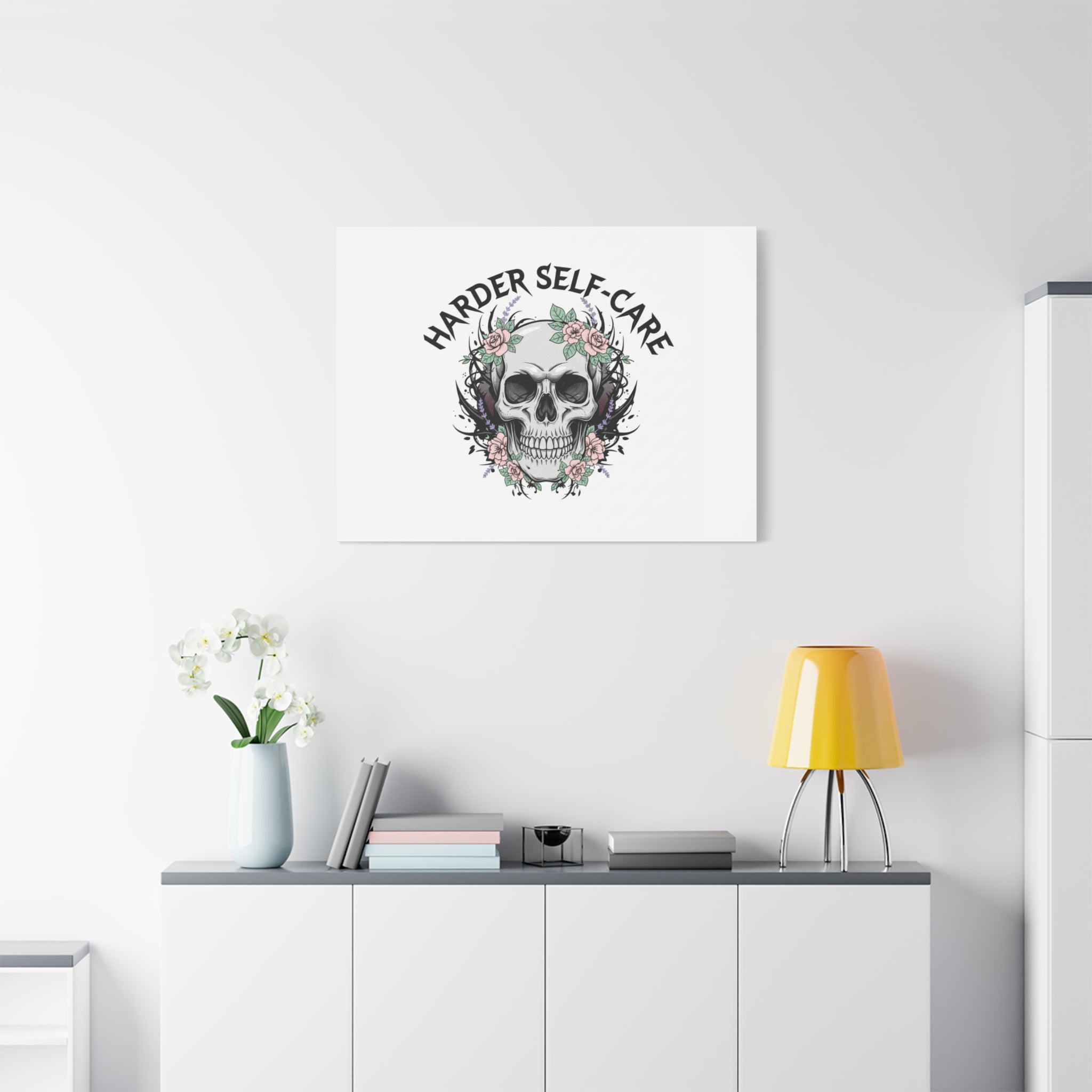 Harder Self-Care Skull Canvas | Heavy Metal Wellness, gothic wellness quote