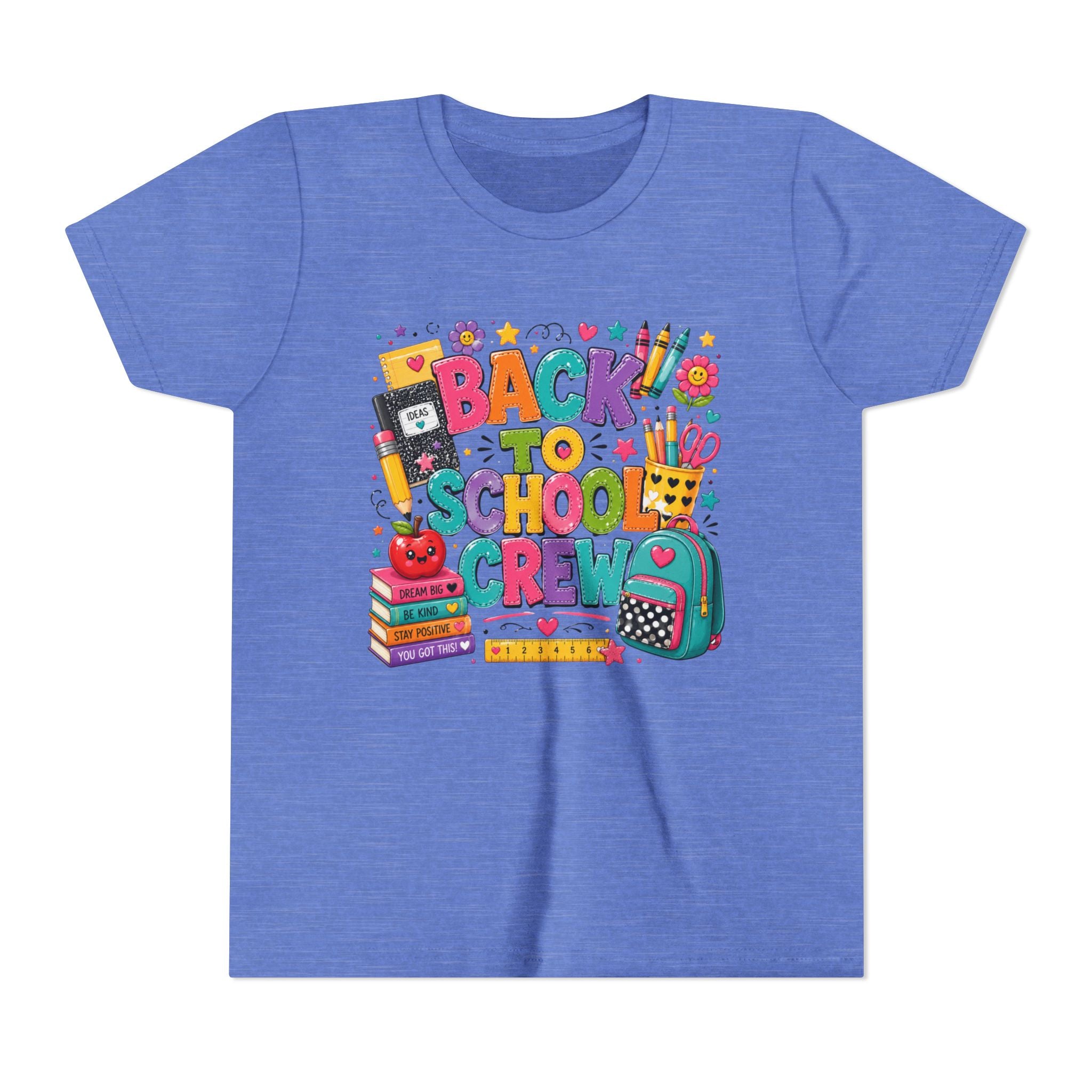 Back to School Crew Youth Tee — Colorful Kids' School Backpack & Books Graphic Shirt