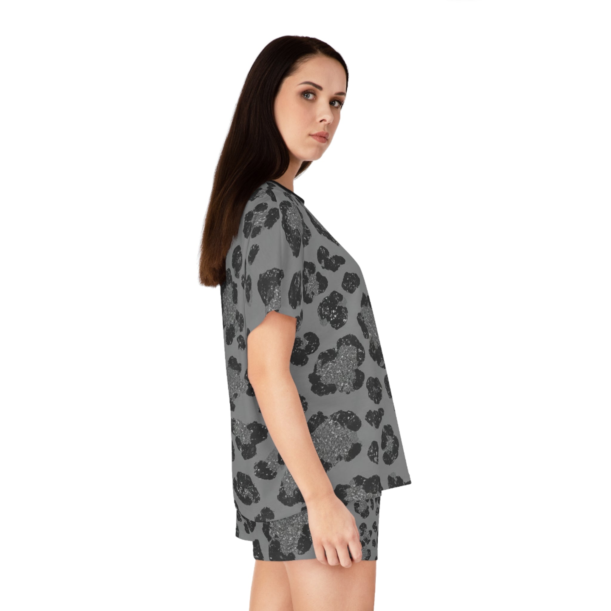 Leopard Print Women's Short Pajama Set — Cozy Gray Animal Print Sleepwear