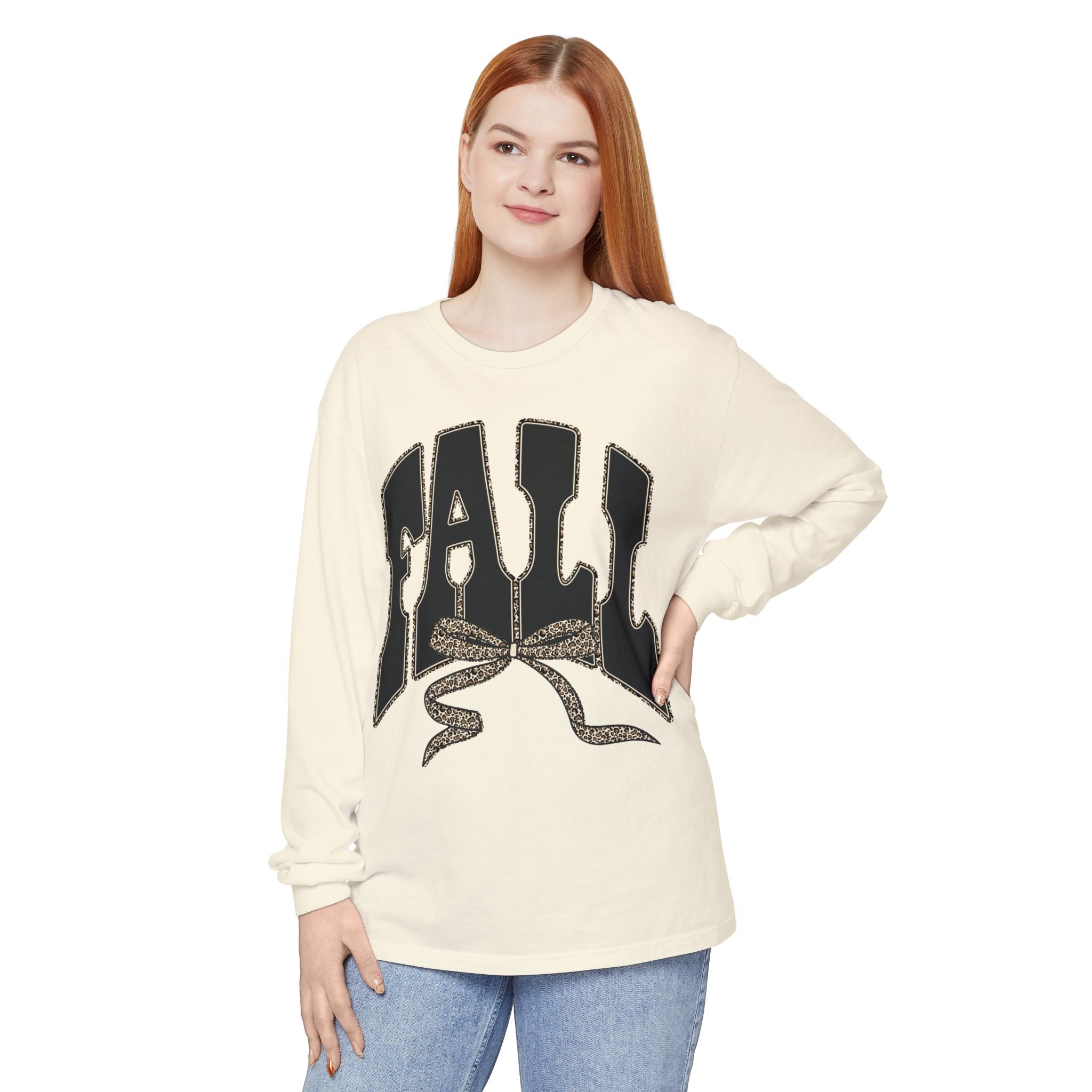 Fall Bow Long Sleeve Tee — 'FALL' Graphic Garment-Dyed Shirt