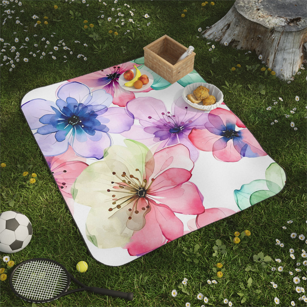 Watercolor Floral Picnic Blanket — Foldable Outdoor Blanket with Pastel Blossom Print
