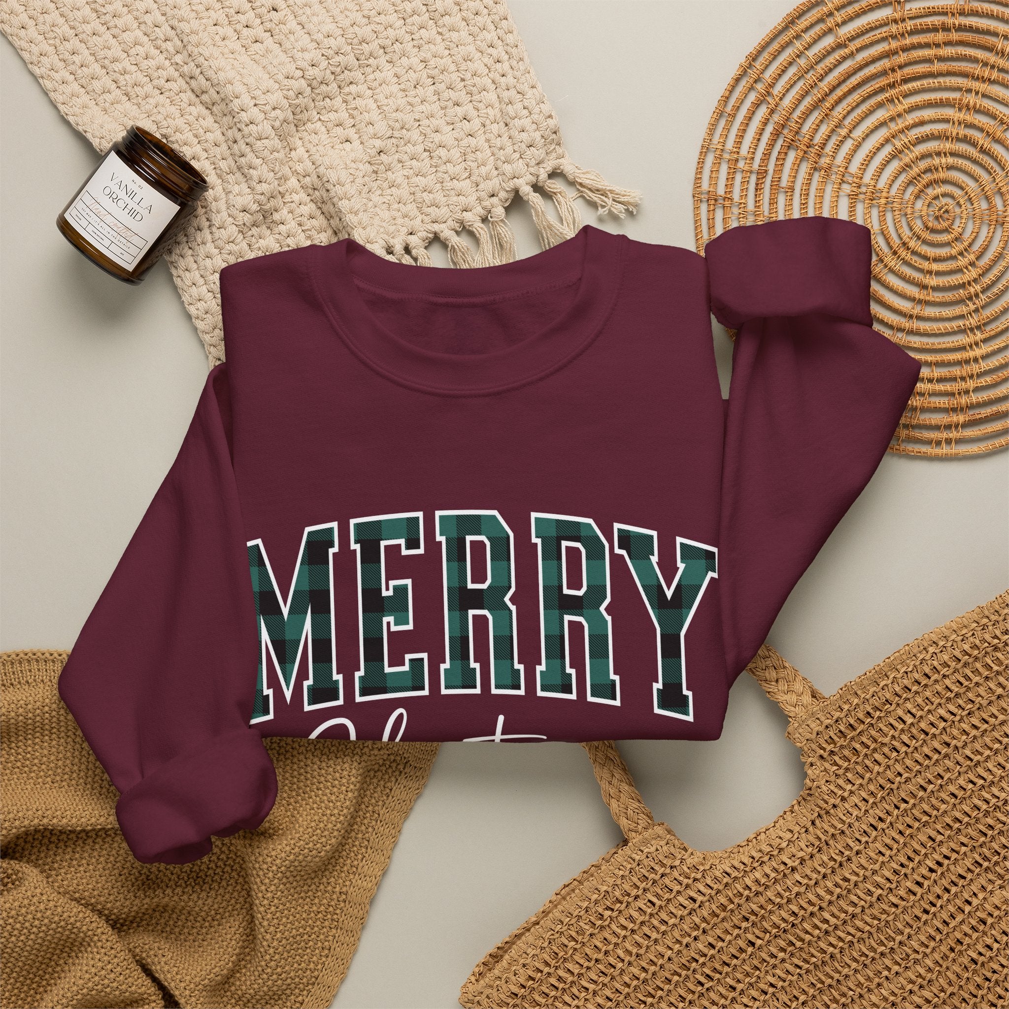 Merry Christmas Crewneck Sweatshirt – Plaid Holiday Graphic Crew