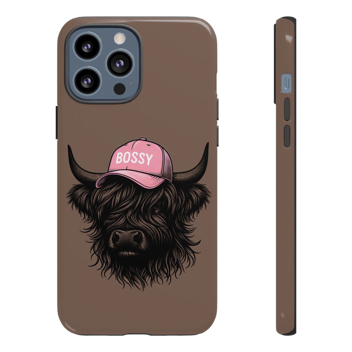 Phone Case — Highland Cow Wearing 'BOSSY' Pink Hat, Cute Farm Animal Protective Cover