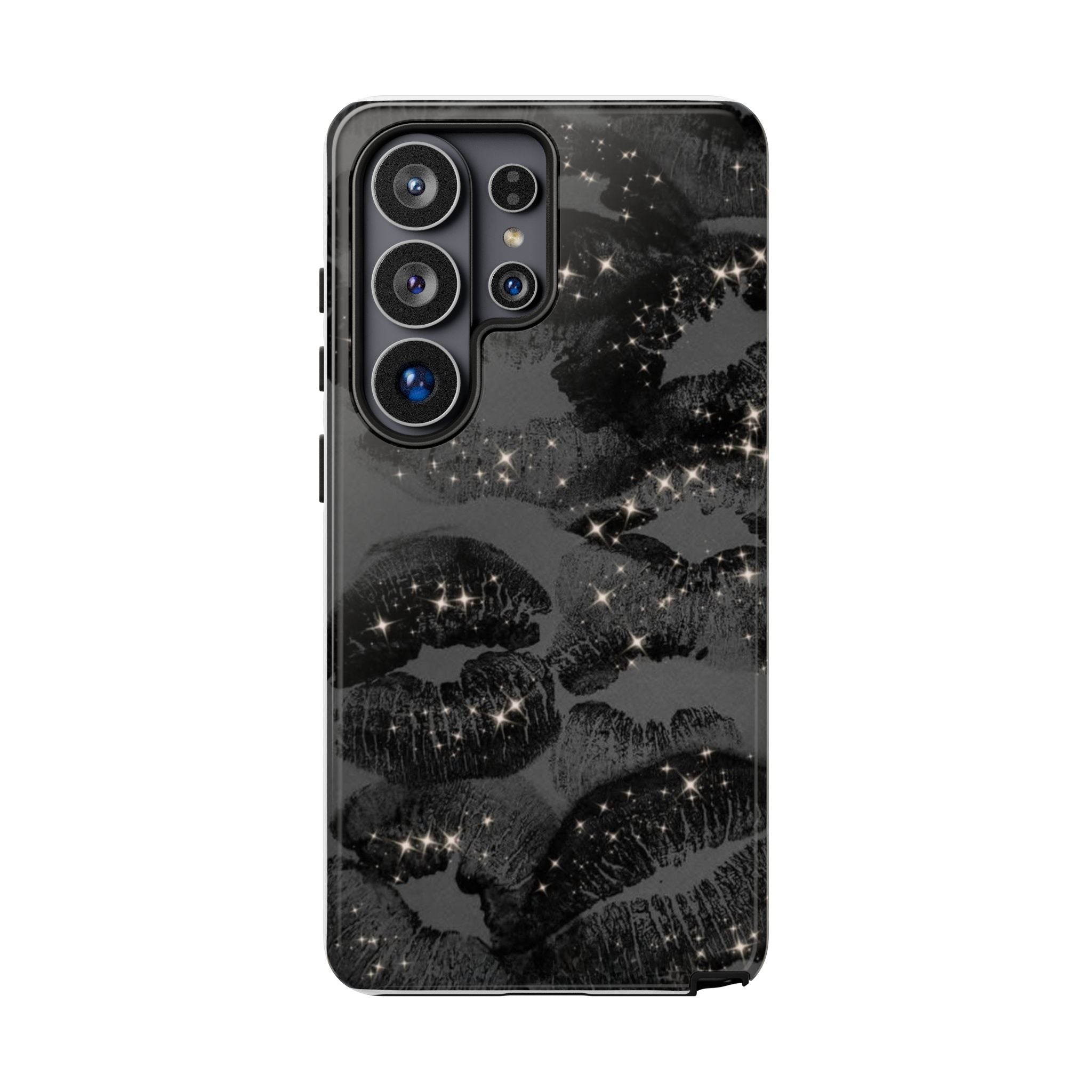 Black Glitter Kiss Phone Case — Sparkling Lip Print Protective Cover