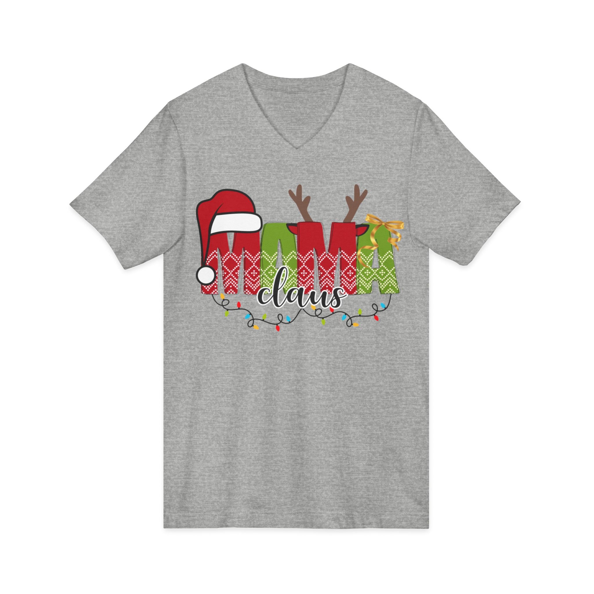 Mom Claus V-Neck Tee — Christmas Holiday Family Graphic Shirt