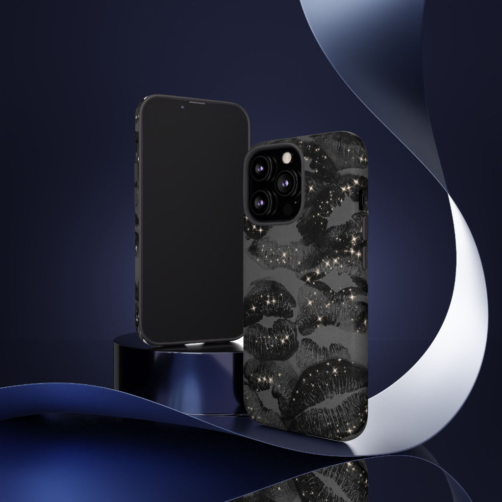 Black Glitter Kiss Phone Case — Sparkling Lip Print Protective Cover