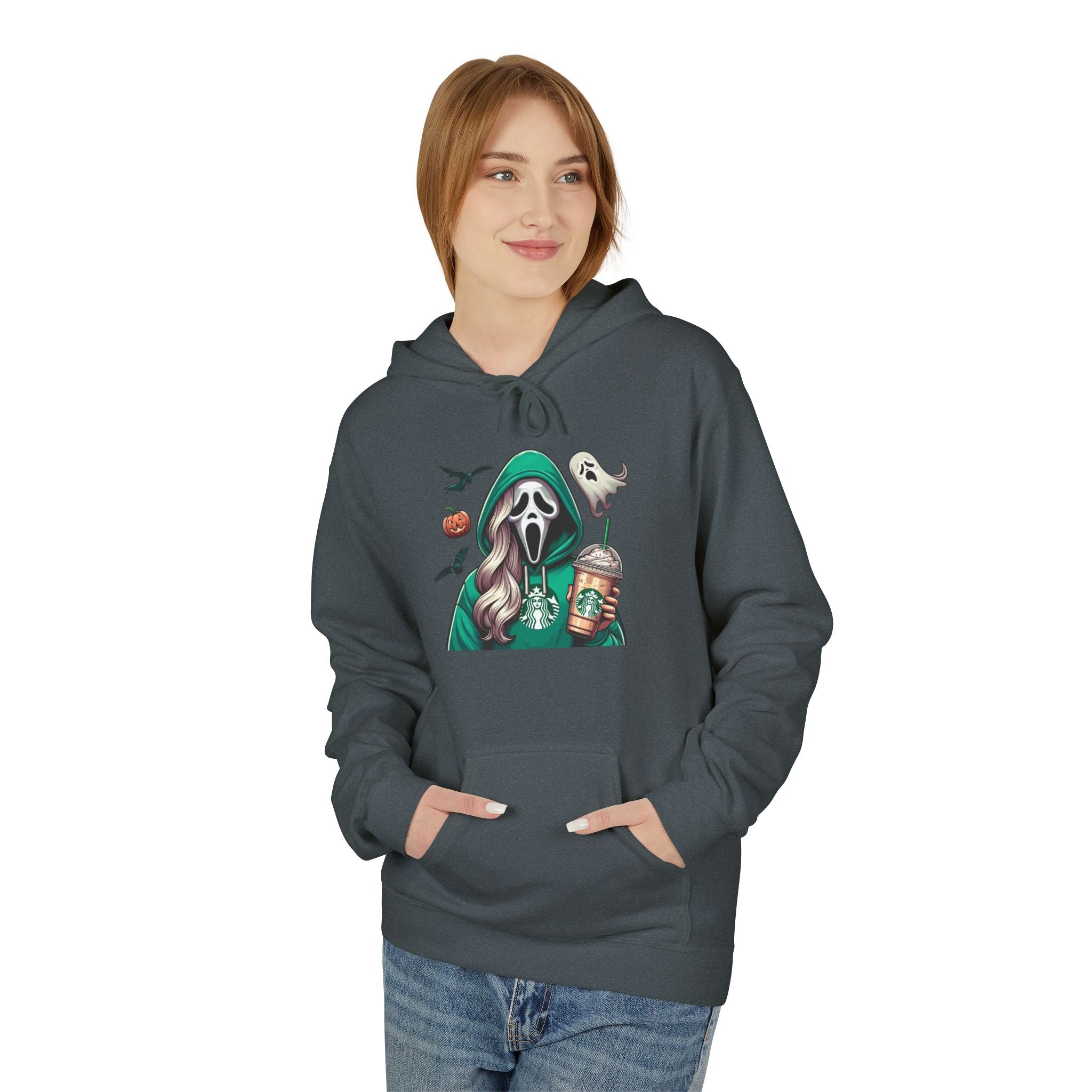 Halloween Ghost Rider Hoodie — Cute Grim Reaper with Pumpkin & Coffee Graphic