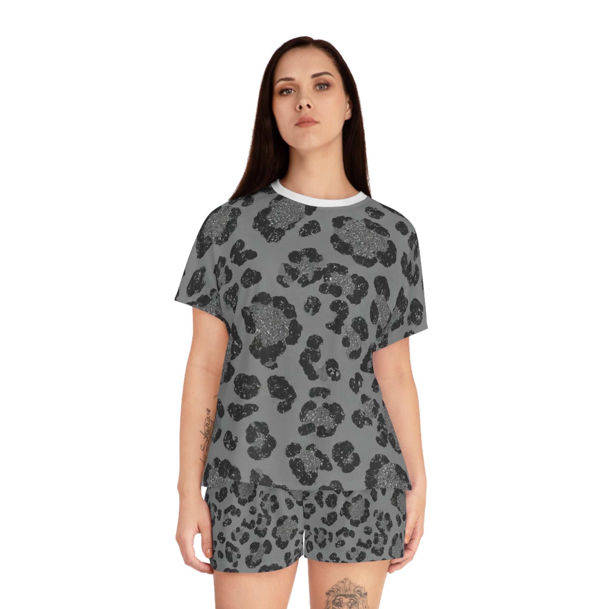 Leopard Print Women's Short Pajama Set — Cozy Gray Animal Print Sleepwear