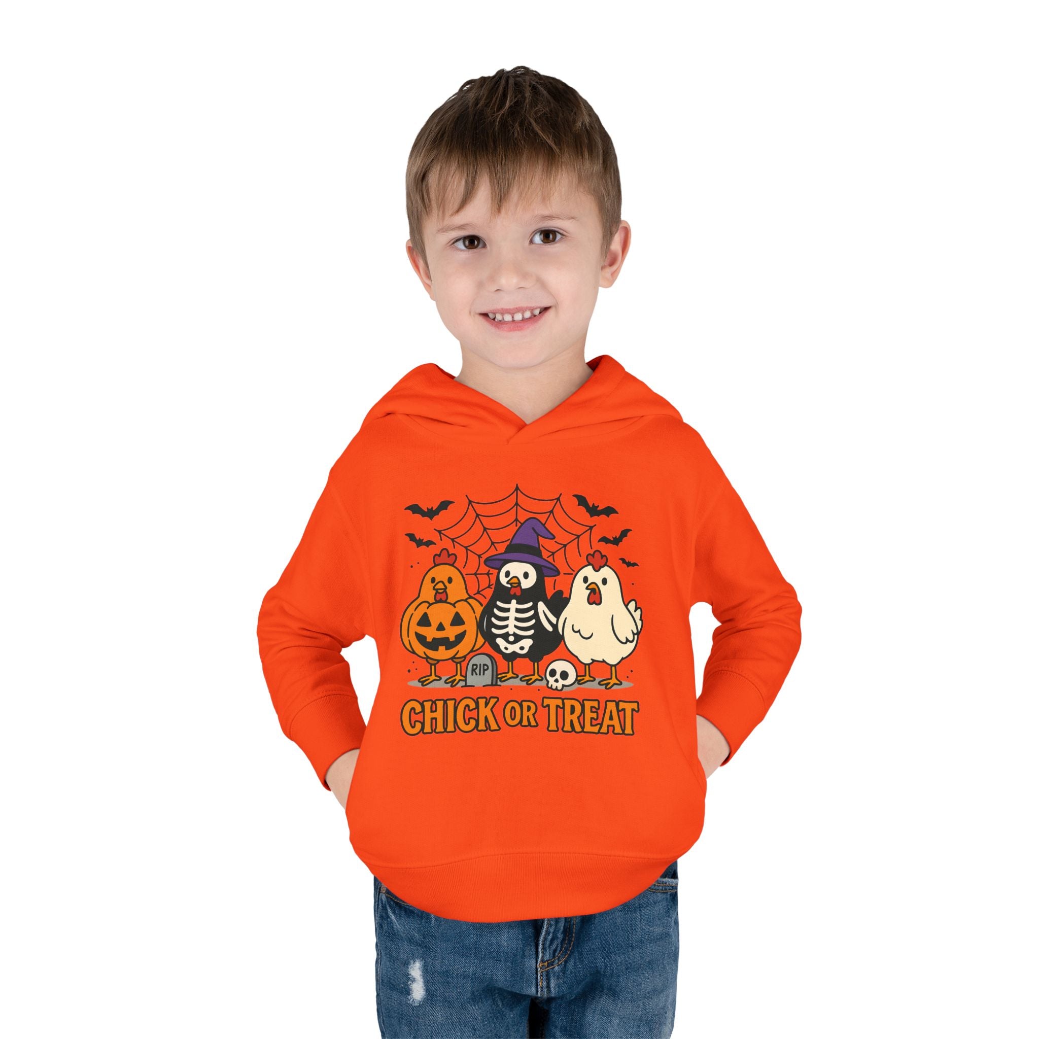 Toddler Halloween Pullover Hoodie – "Chick or Treat" Pumpkin Skeleton Chicken Kids Fleece