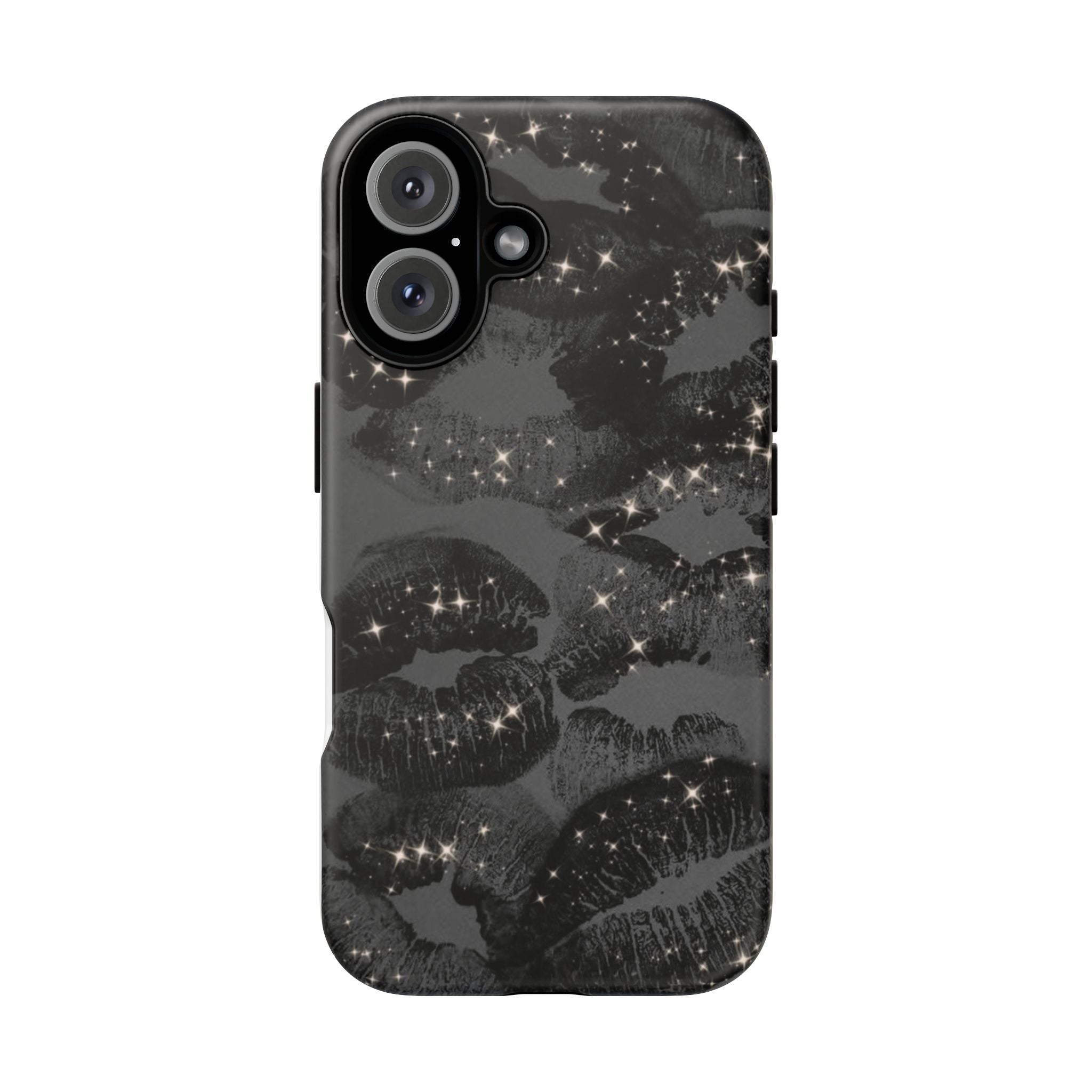 Black Glitter Kiss Phone Case — Sparkling Lip Print Protective Cover
