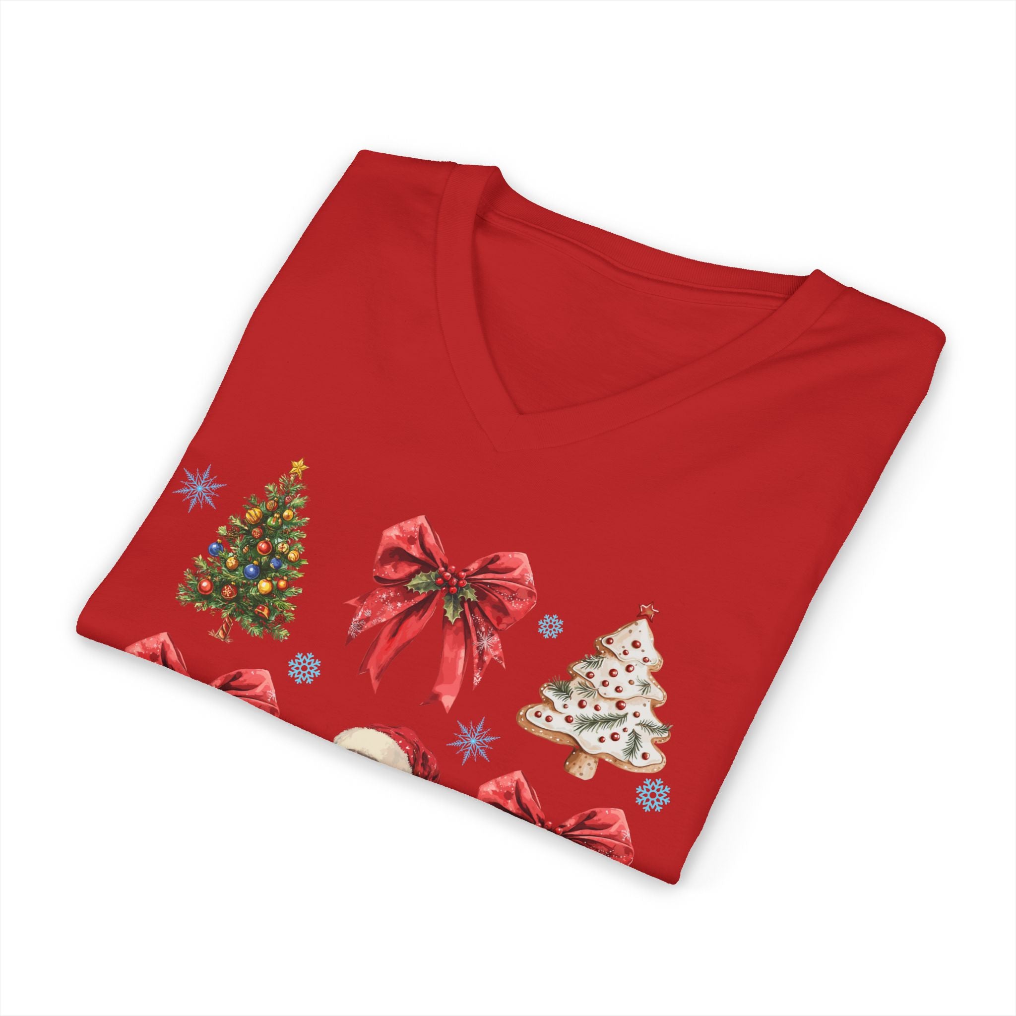 Christmas Icons V-Neck Tee — Santa, Trees & Holiday Bows