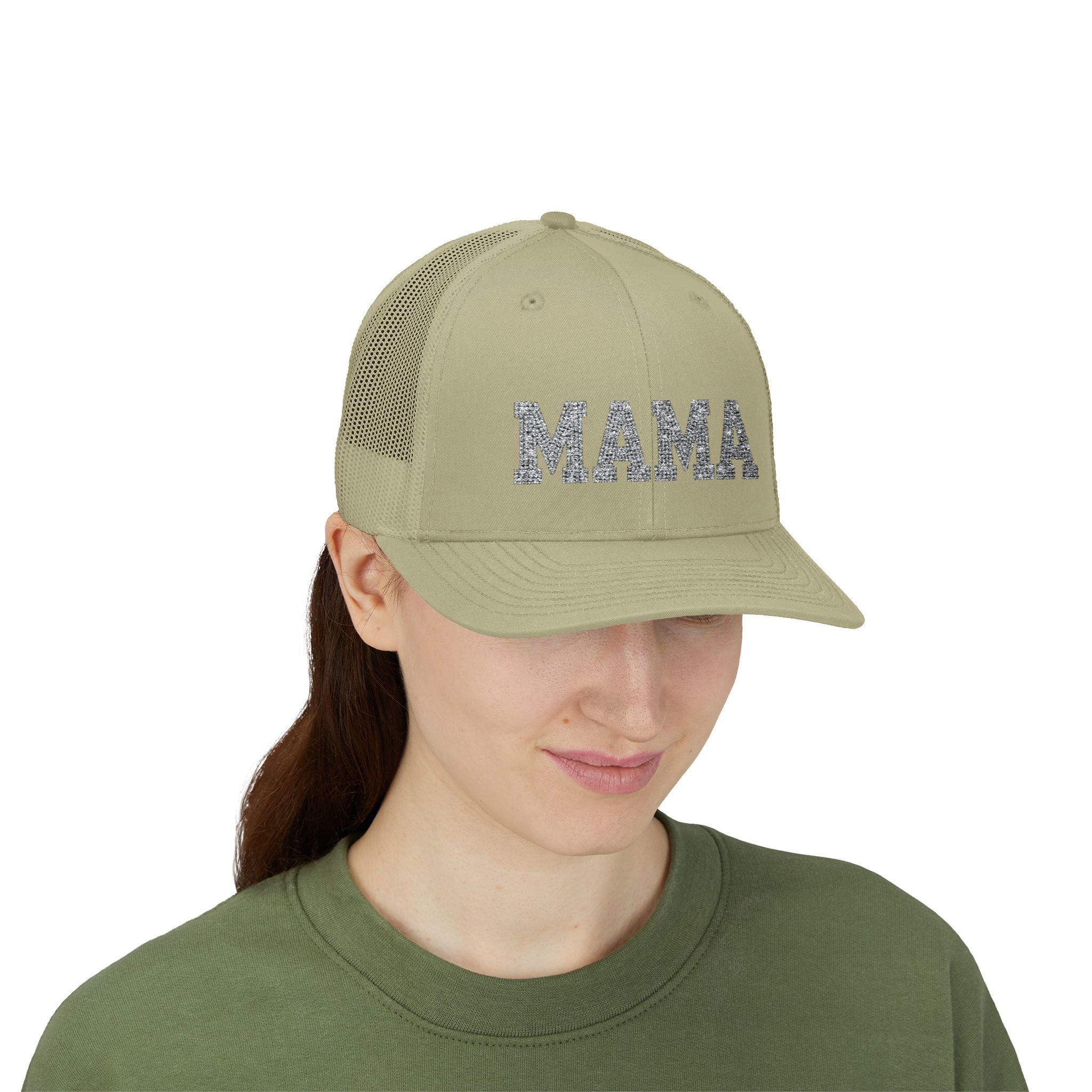 Mama Snapback Trucker Cap — Glitter Script "MAMA" Mesh Back Hat for Moms, Mother's Day Gift